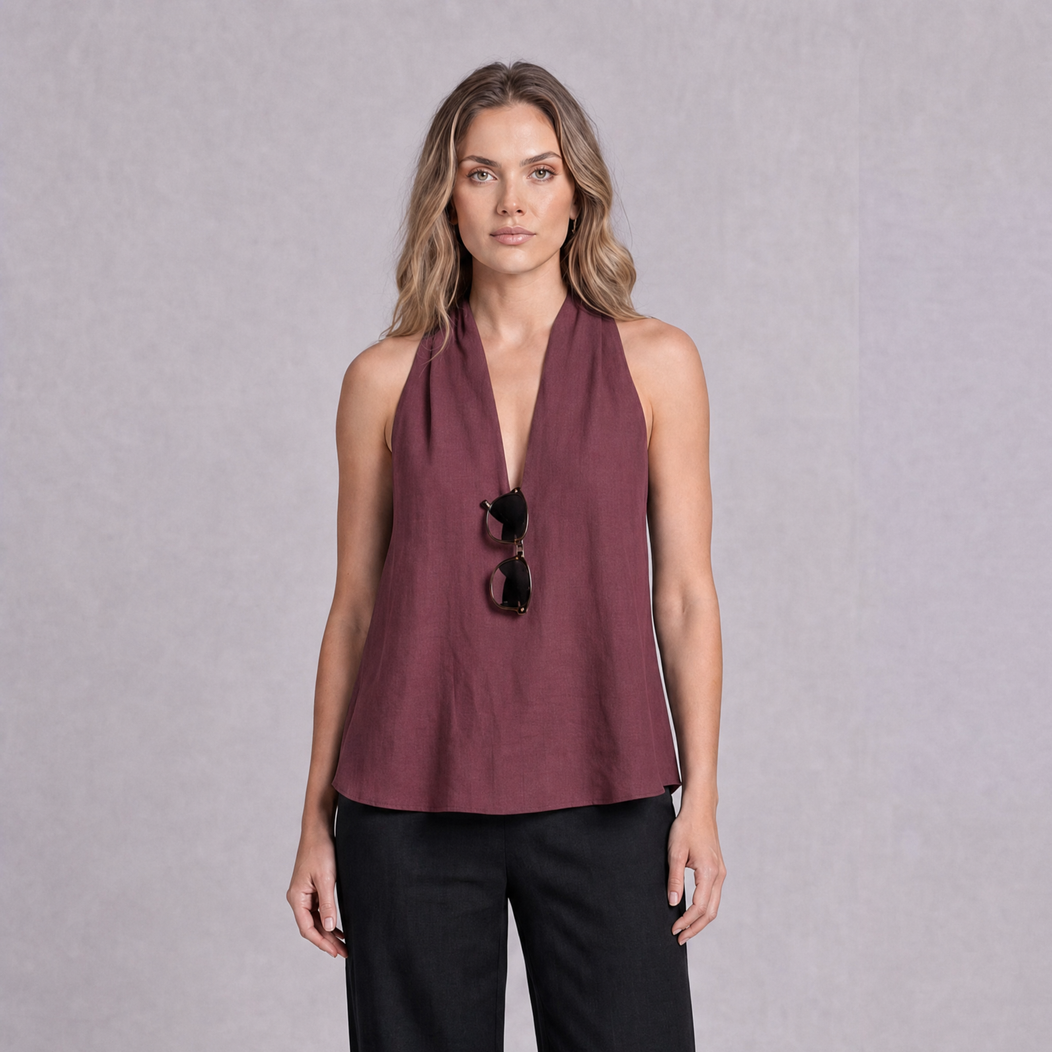 Linen Halter Neck Top in Garnet, Ratń Swamini