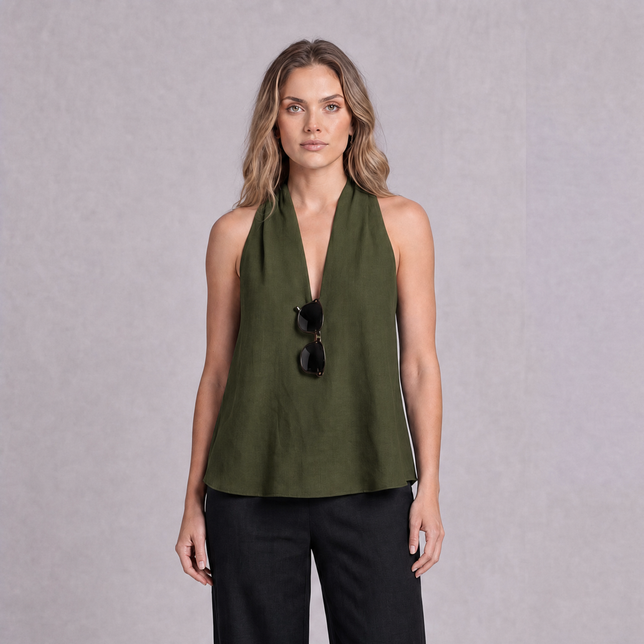 Linen Halter Neck Top in Moss Green, Ratń Swamini