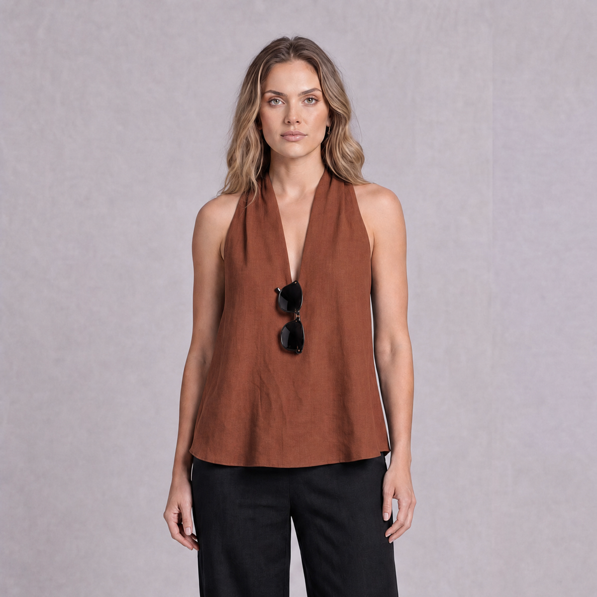 Linen Halter Neck Top in Terracotta, Ratń Swamini