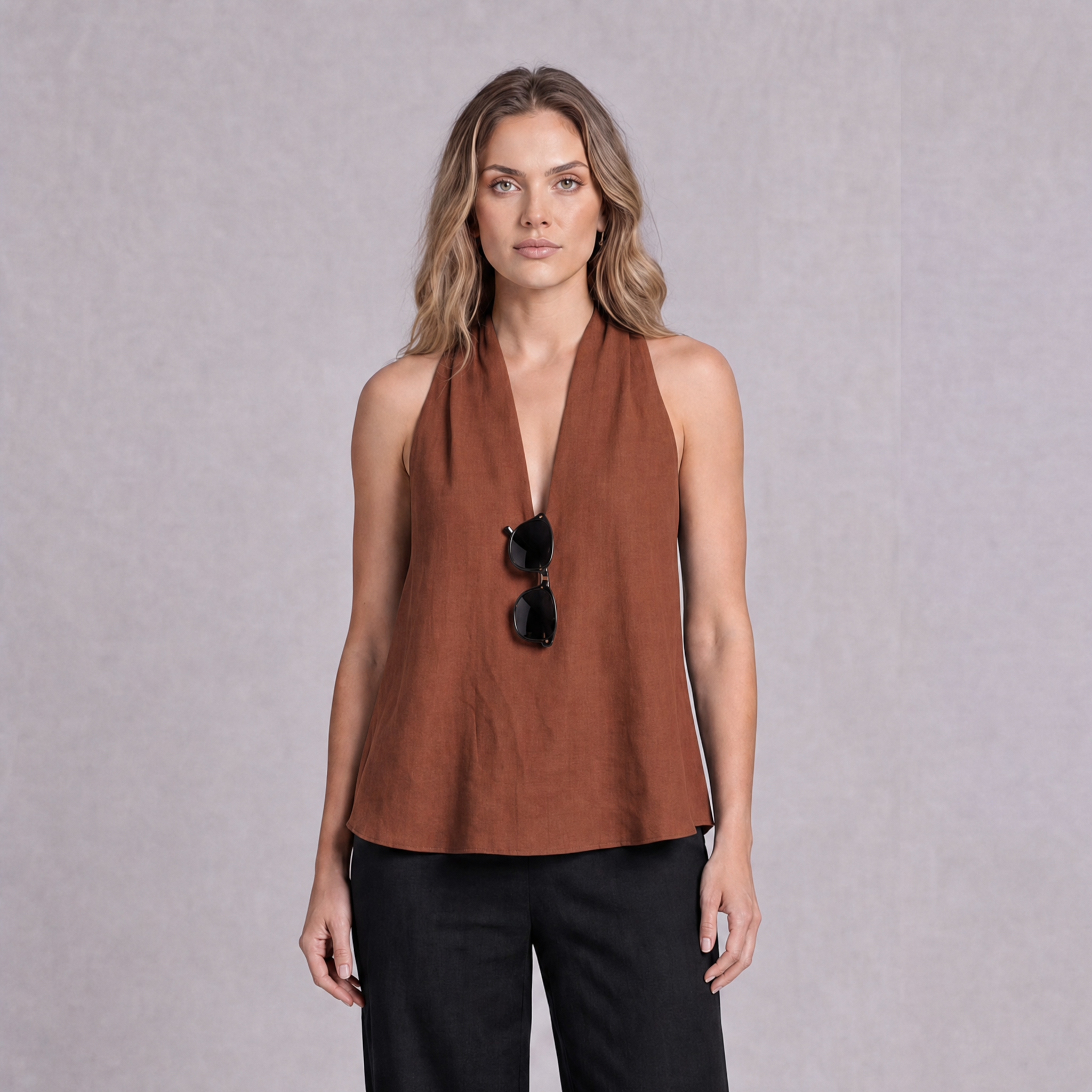 Linen Halter Neck Top in Terracotta, Ratń Swamini