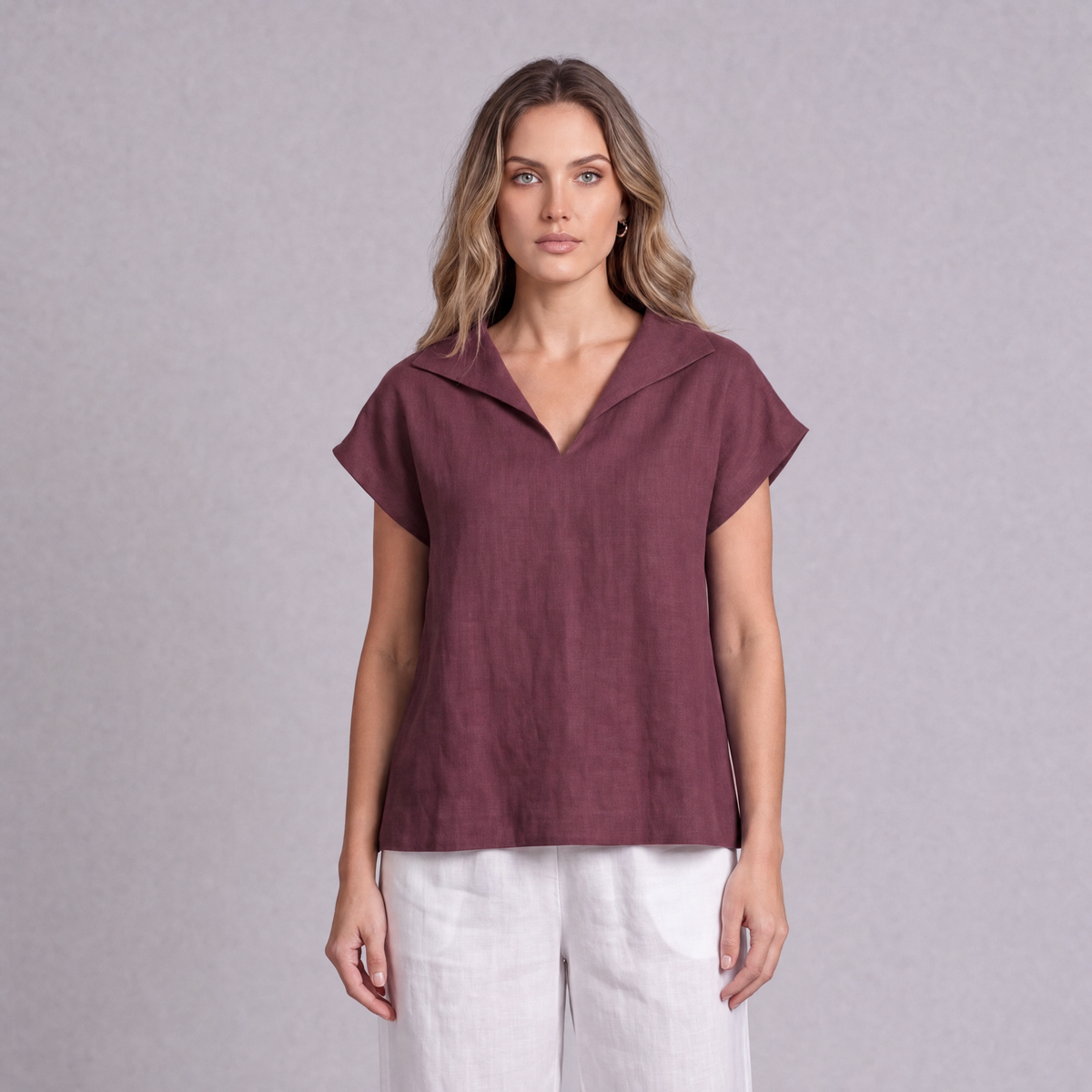 Linen Collared V-Neck Top in Garnet, Ratń Swamini