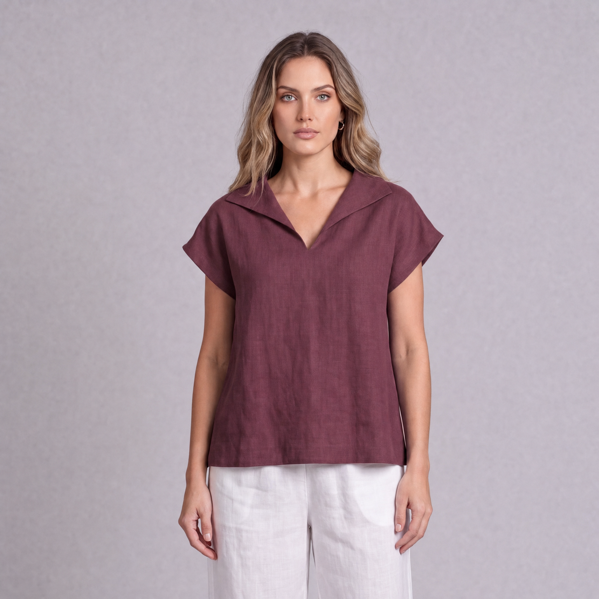 Linen Collared V-Neck Top in Garnet, Ratń Swamini