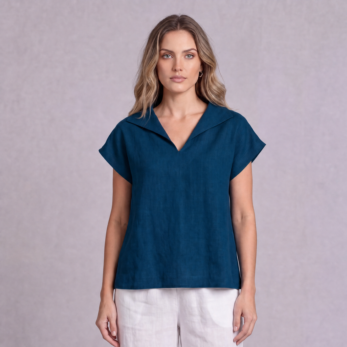 Linen Collared V-Neck Top in Blue Teal, Ratń Swamini