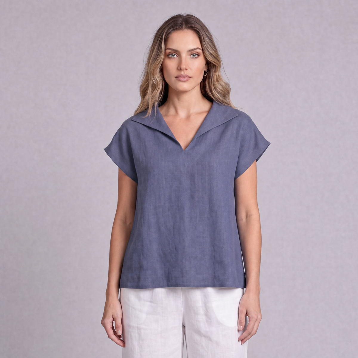 Linen Collared V-Neck Top in Slate Periwinkle Blue, Ratń Swamini