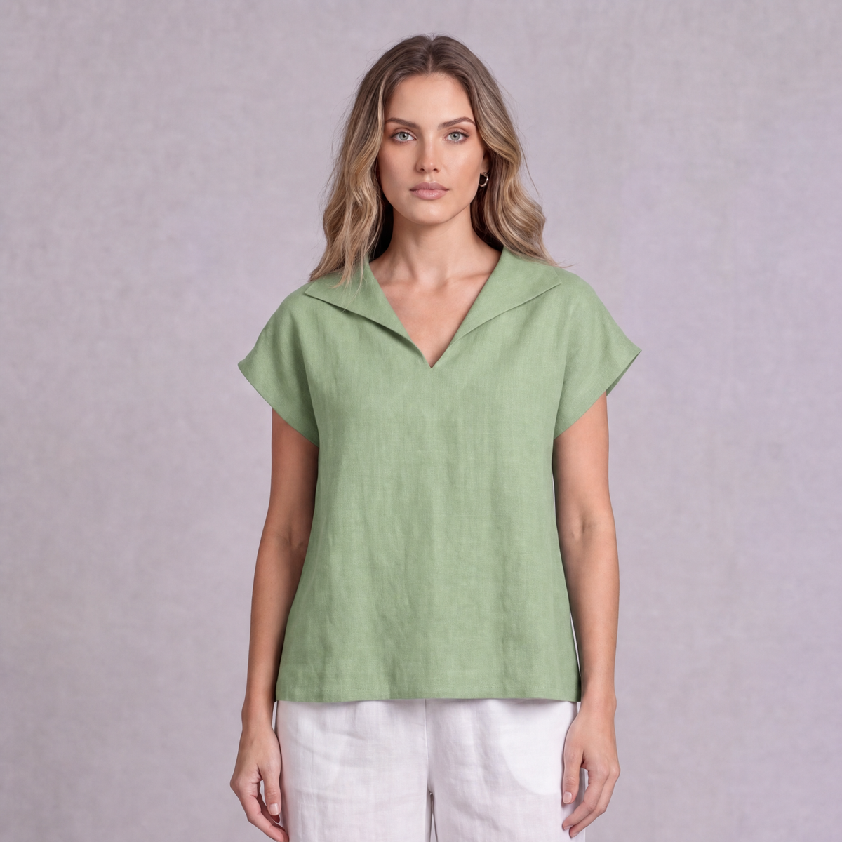 Linen Collared V-Neck Top in Sage Green, Ratń Swamini