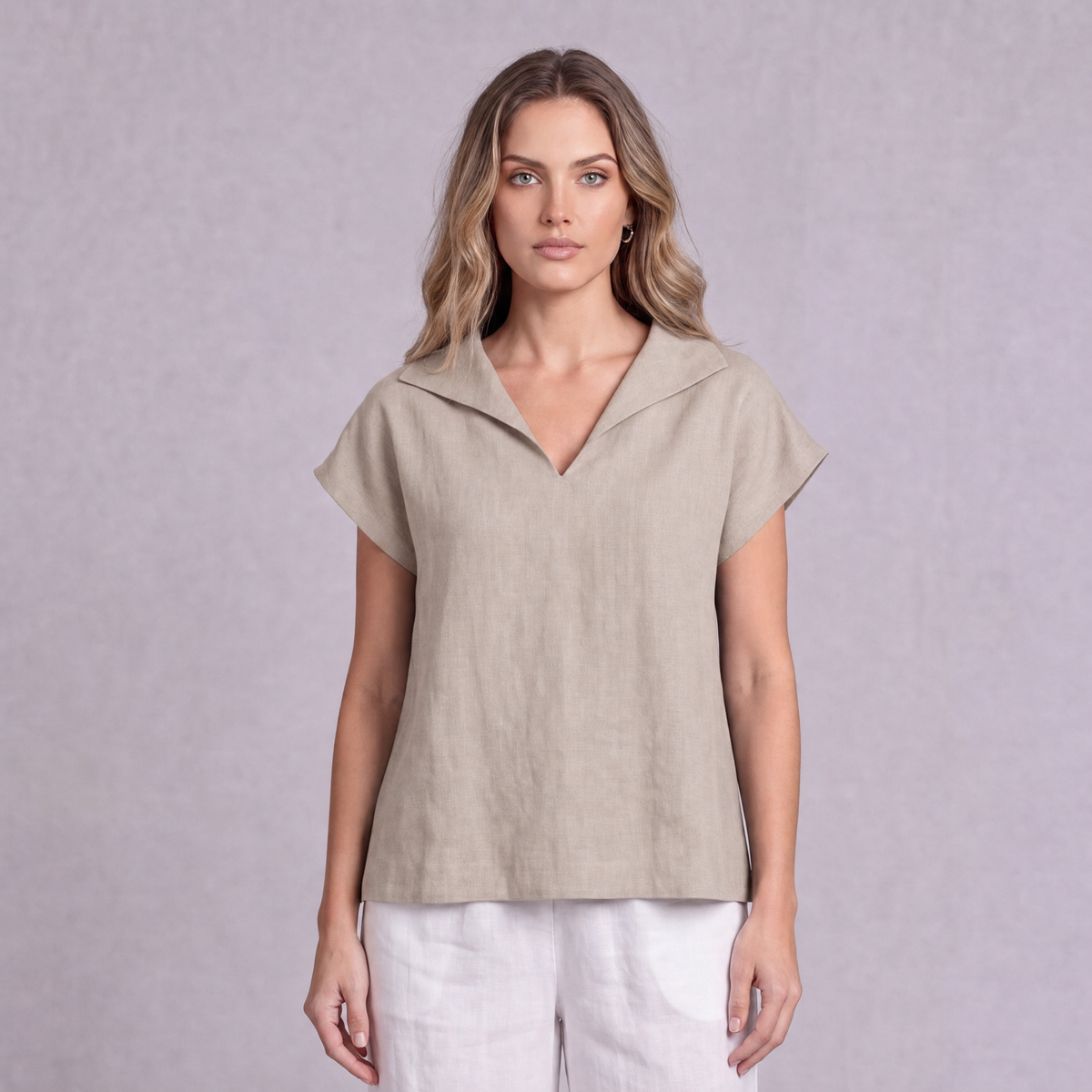 Linen Collared V-Neck Top in Natural, Ratń Swamini