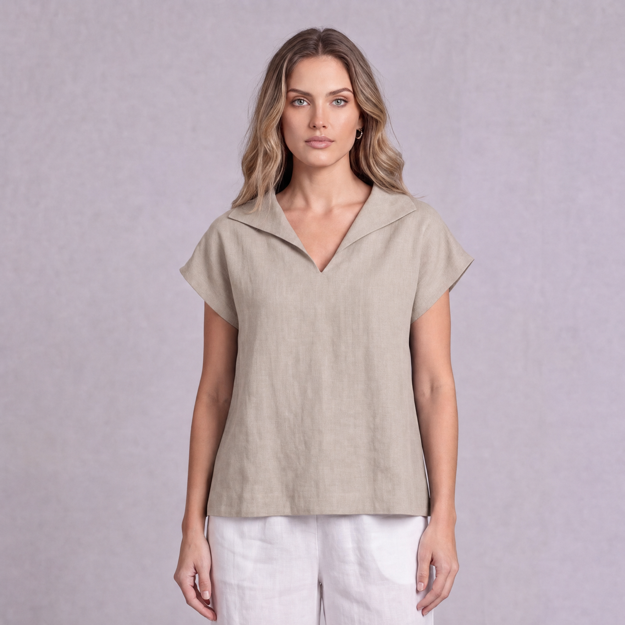 Linen Collared V-Neck Top in Natural, Ratń Swamini