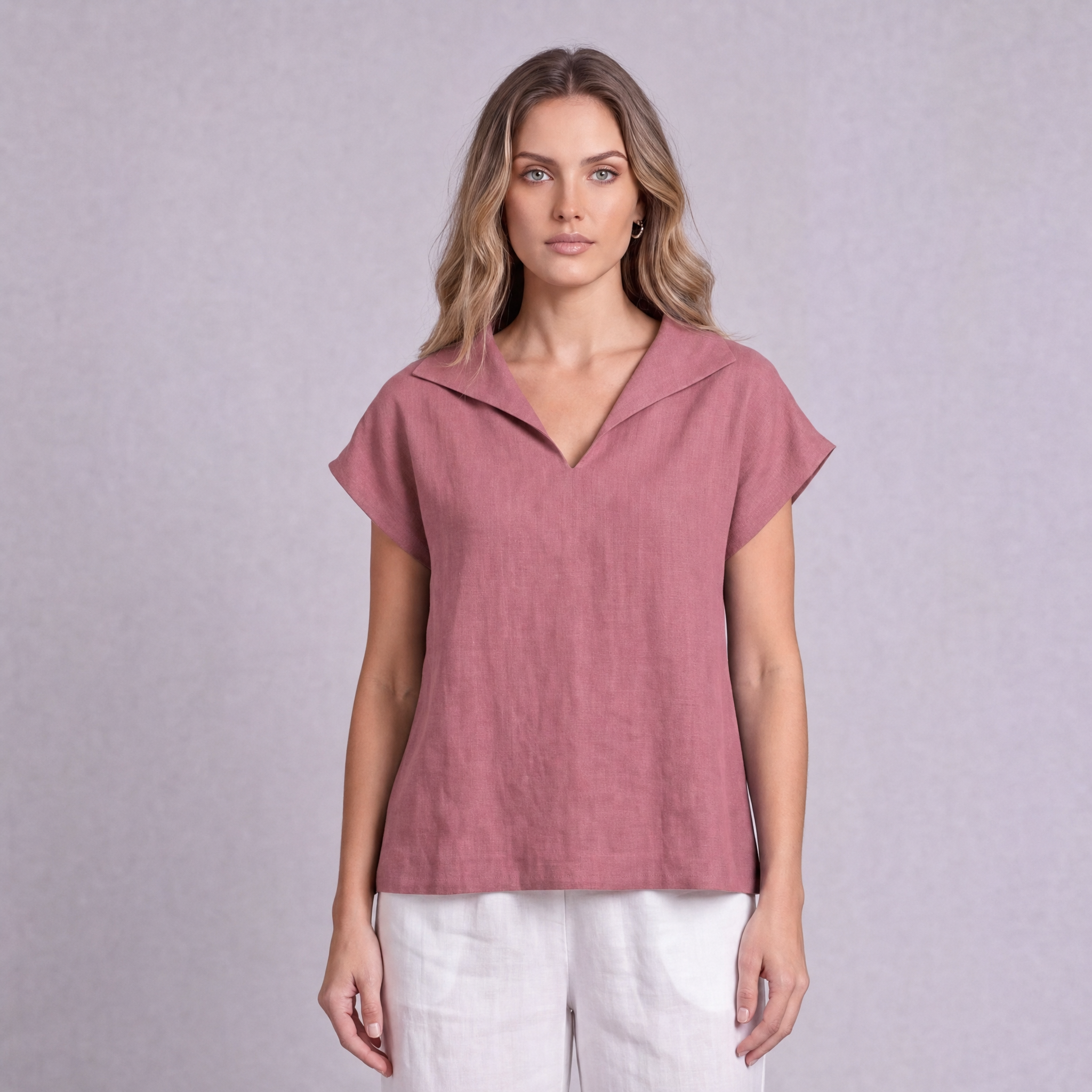 Linen Collared V-Neck Top in Dusty Rose, Ratń Swamini
