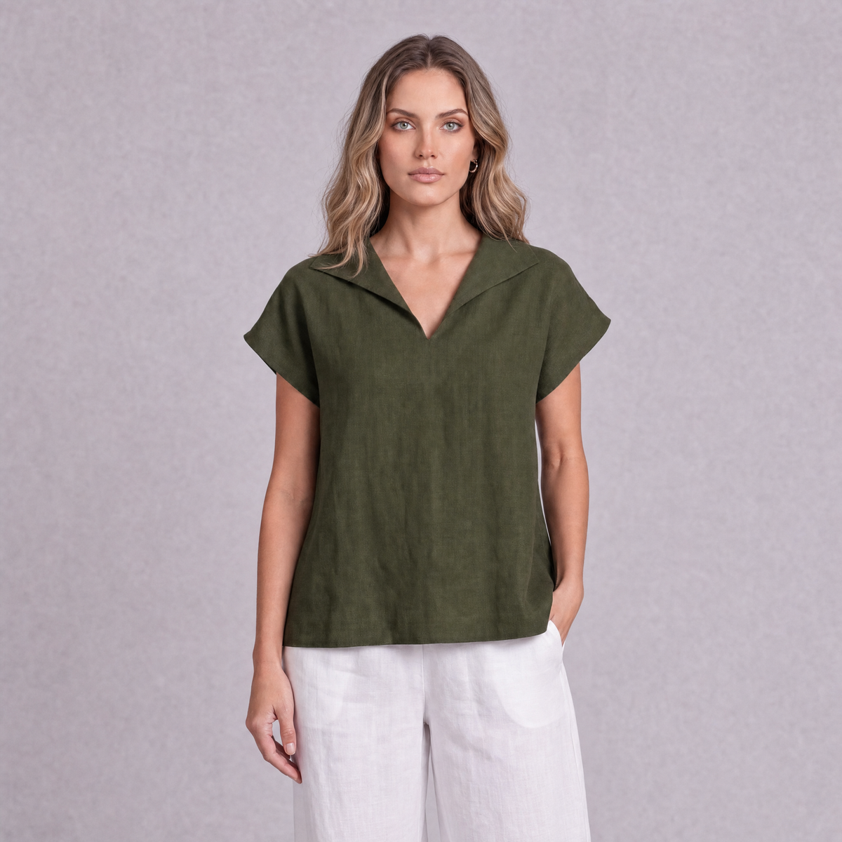 Linen Collared V-Neck Top in Moss Green, Ratń Swamini
