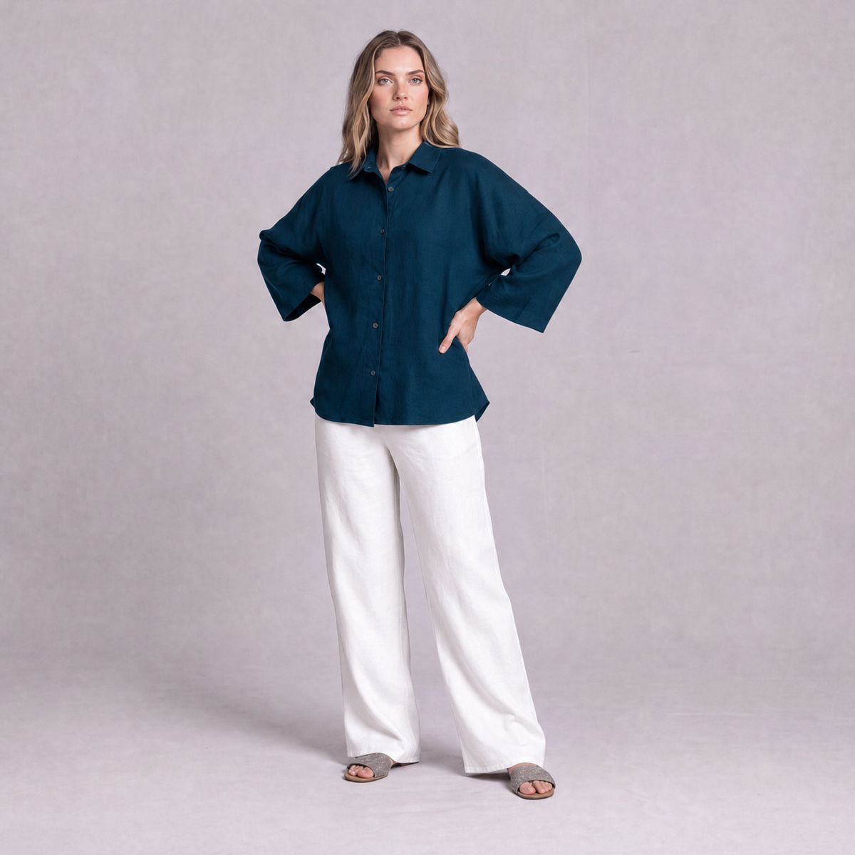 Oversized Linen Shirt in Blue Teal - OEKO-TEX certified pure linen