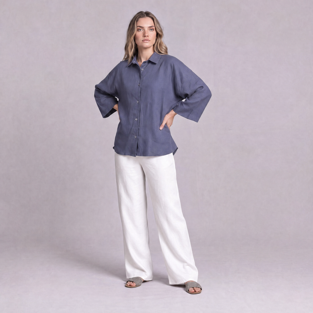 Oversized Linen Shirt in Slate Periwinkle Blue - OEKO-TEX certified pure linen