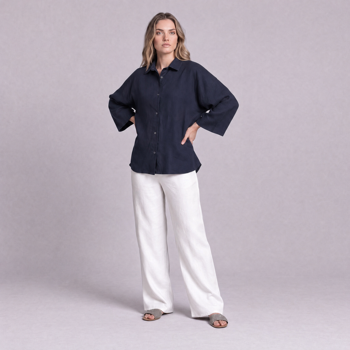 Oversized Linen Shirt in Navy Blue - OEKO-TEX certified pure linen
