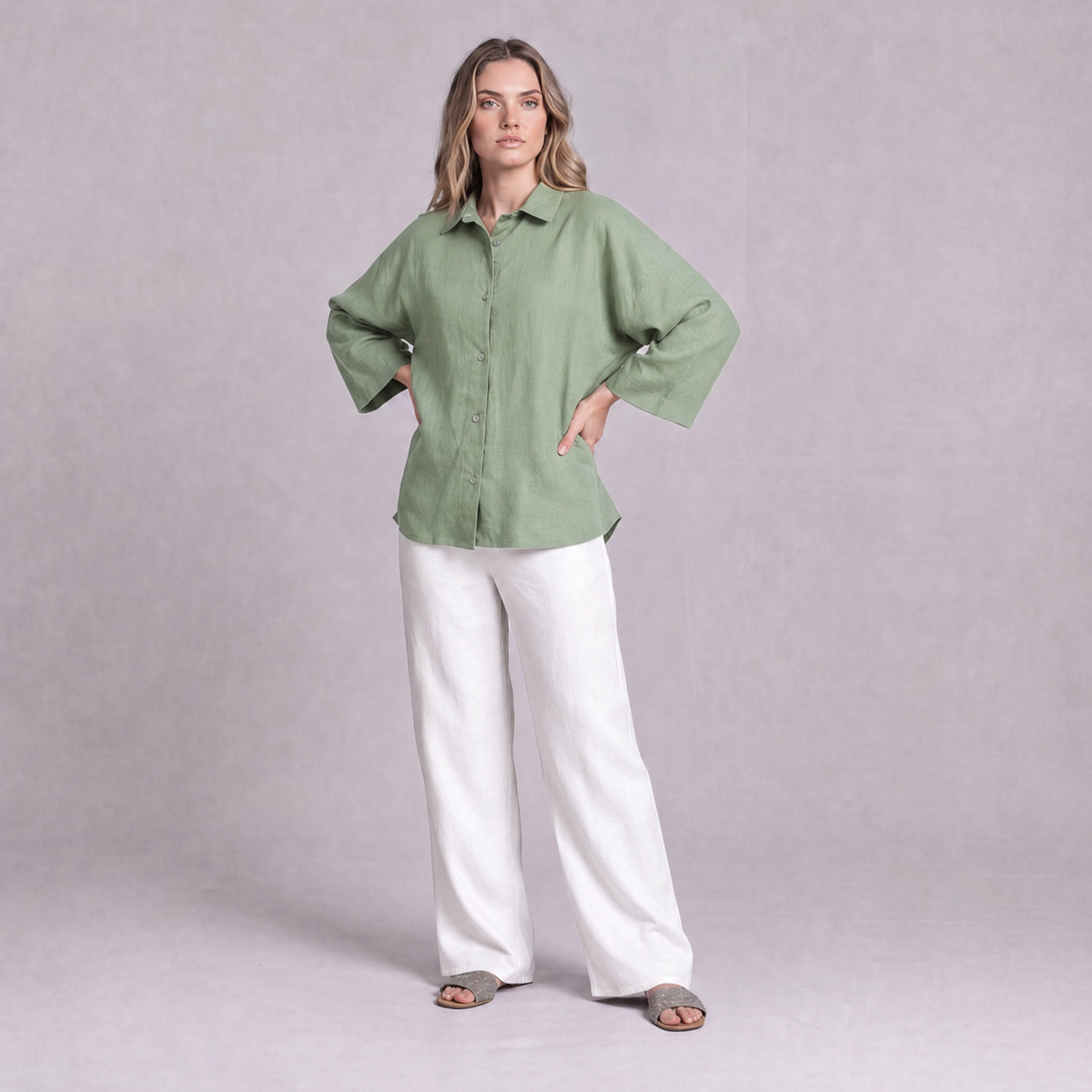 Oversized Linen Shirt in Sage Green - OEKO-TEX certified pure linen