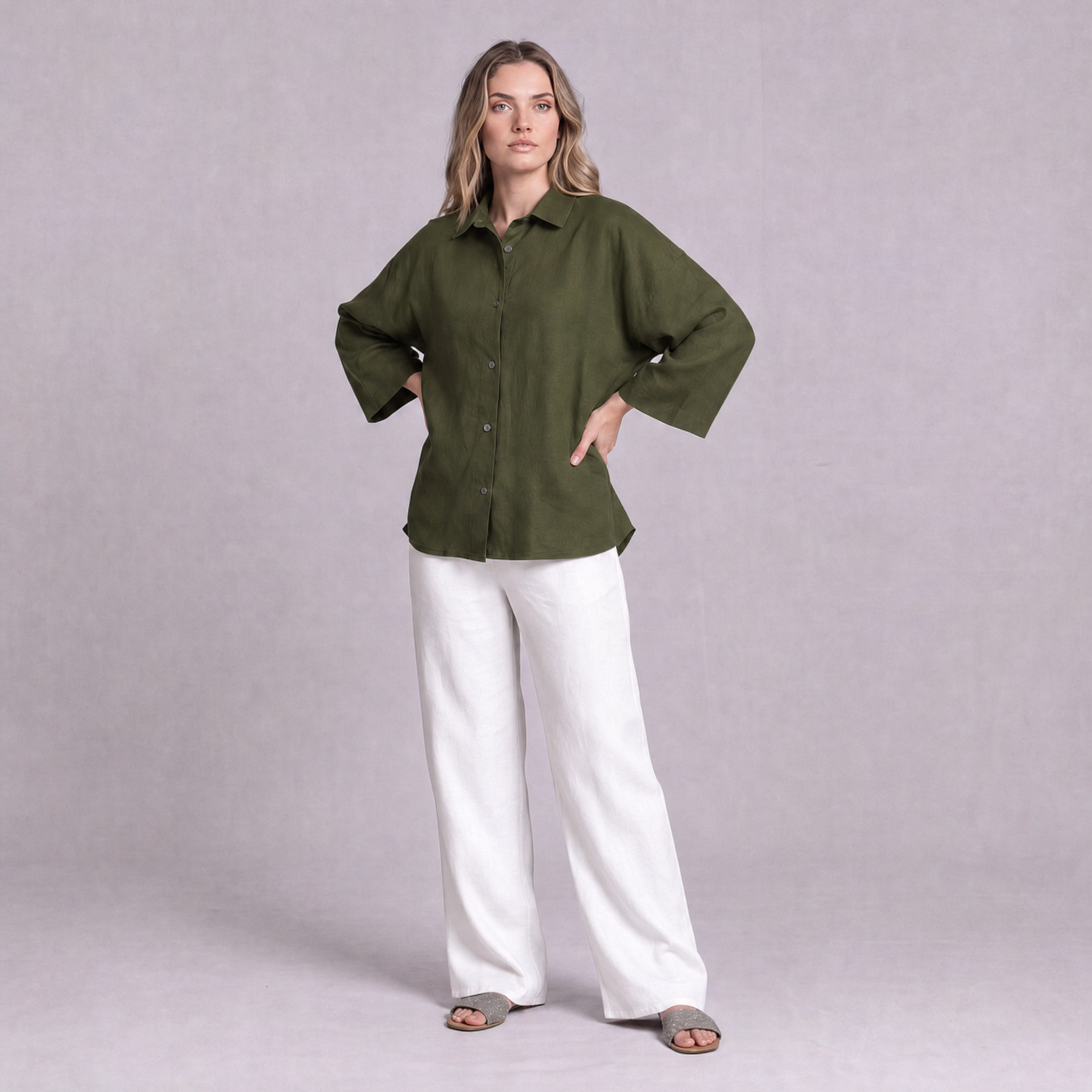 Oversized Linen Shirt in Moss Green - OEKO-TEX certified pure linen