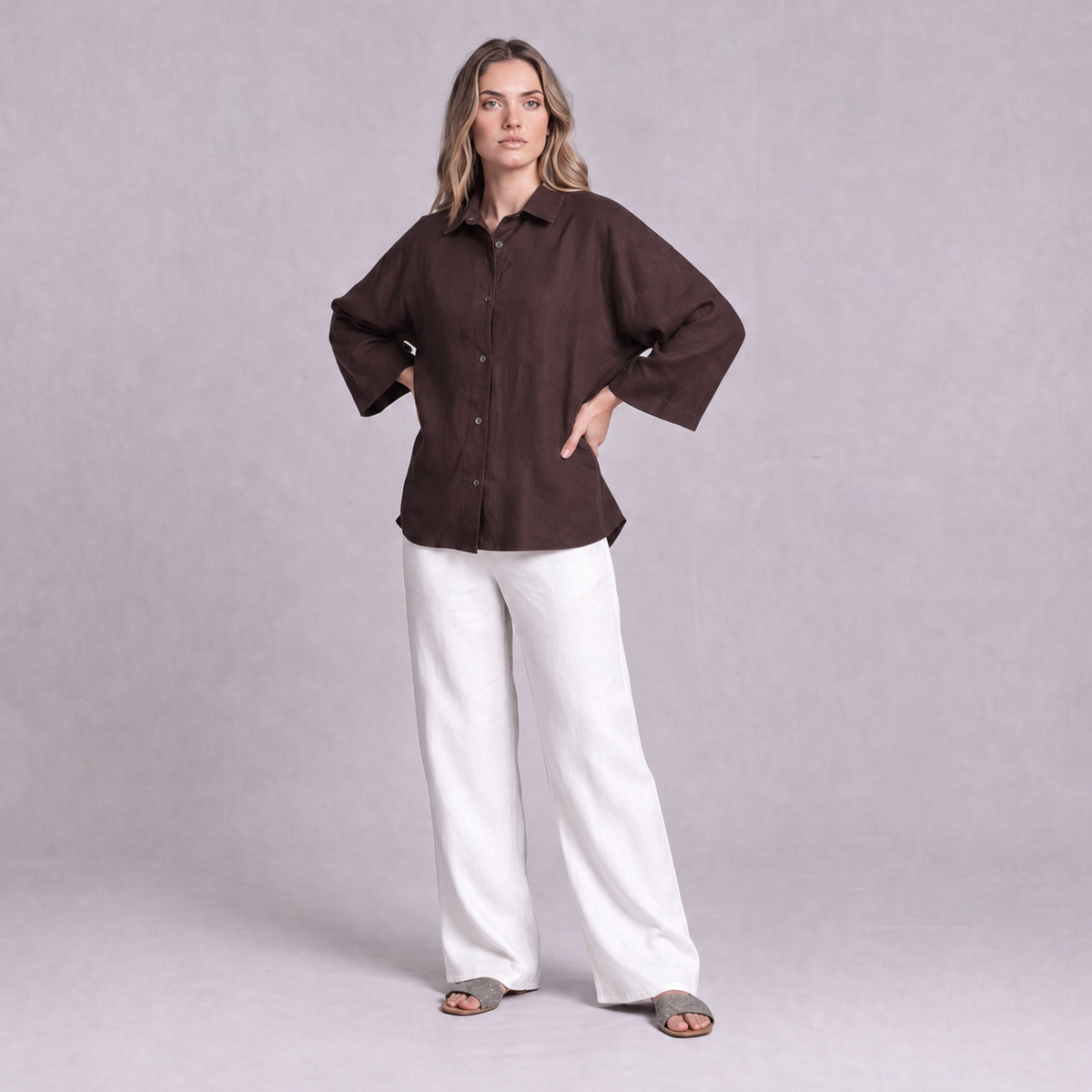 Oversized Linen Shirt in Chocolate Brown - OEKO-TEX certified pure linen