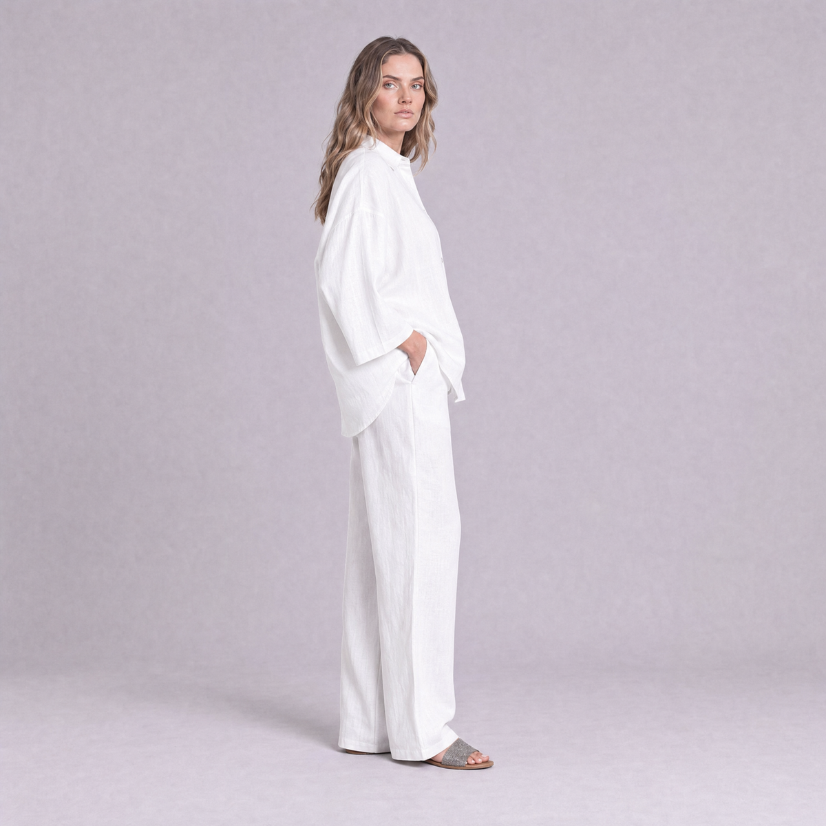Oversized Linen Shirt in White - OEKO-TEX certified pure linen, side view