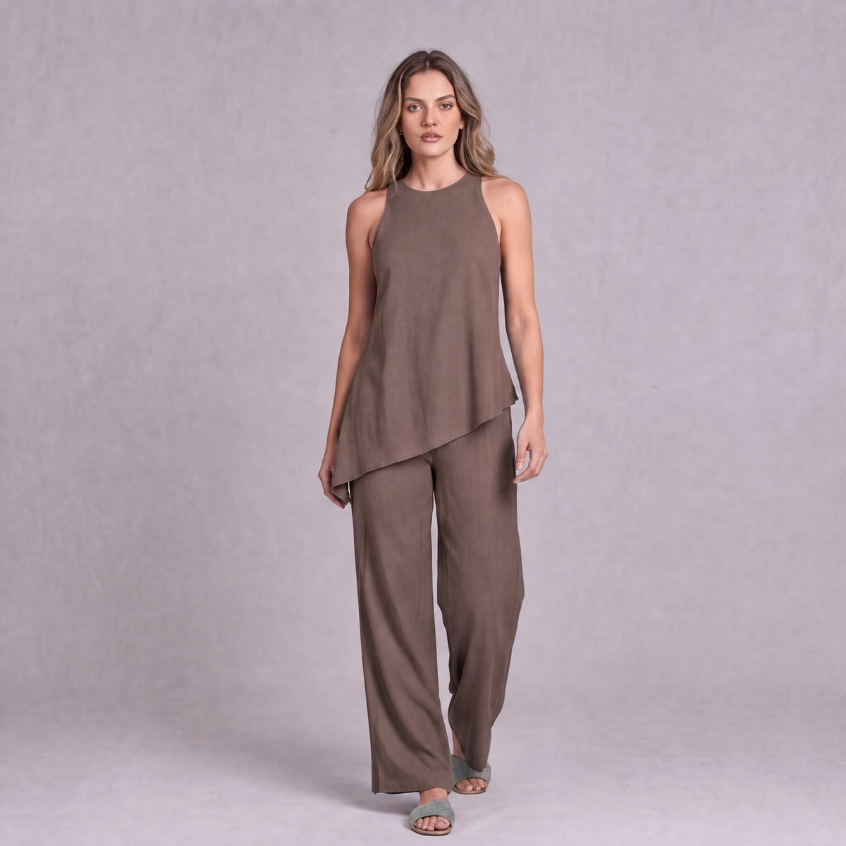 Linen Asymmetric Top & Wide Leg Trouser Co-ord Set in Burntwood - OEKO-TEX certified pure linen