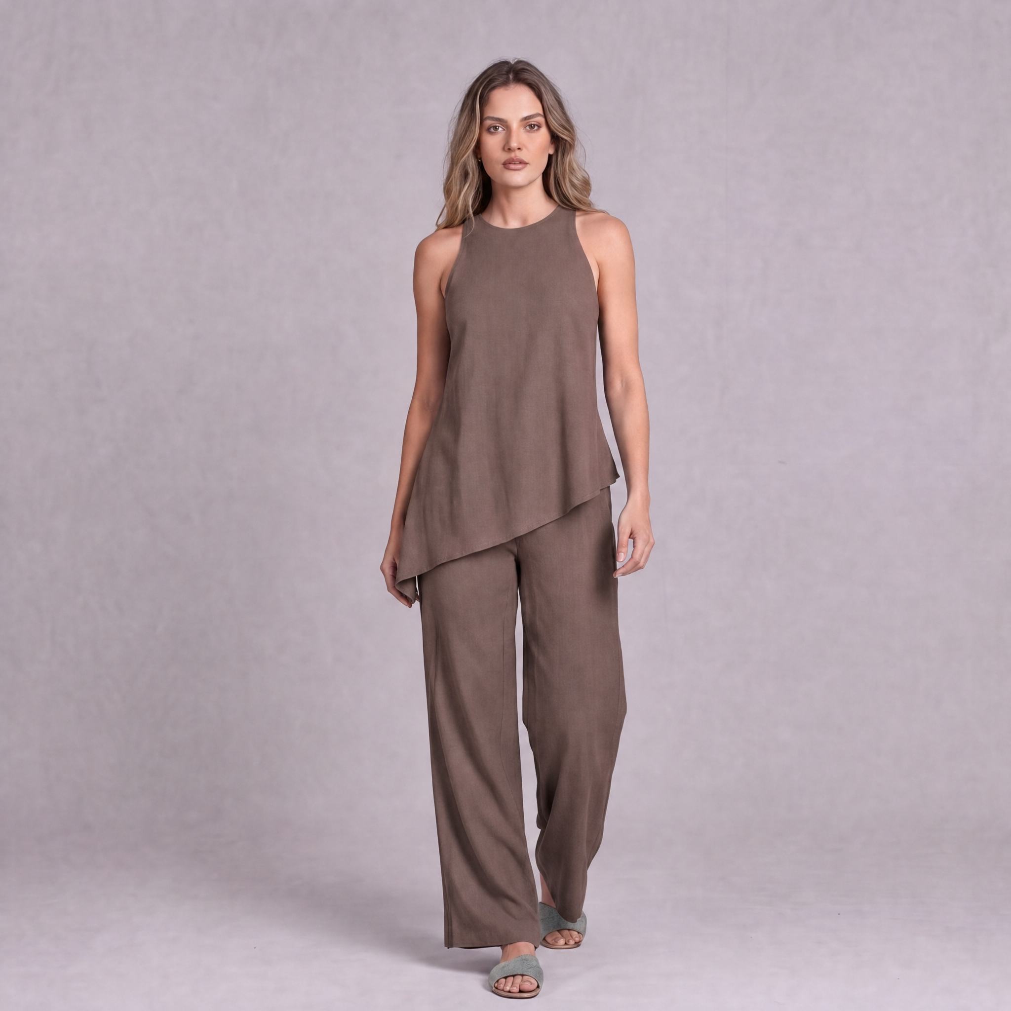 Linen Asymmetric Top & Wide Leg Trouser Co-ord Set in Burntwood - OEKO-TEX certified pure linen