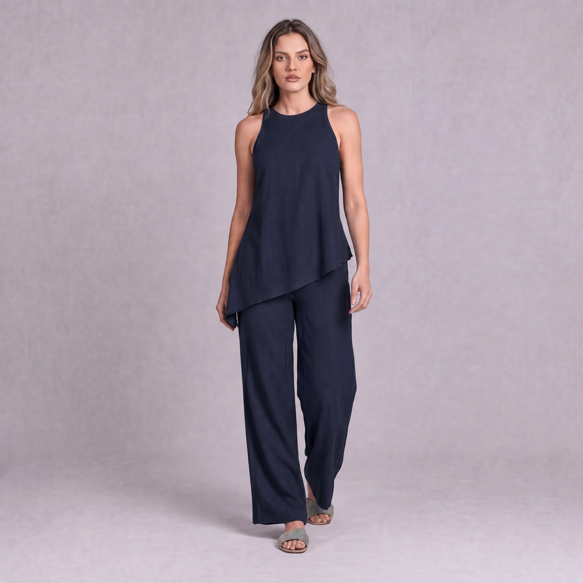 Linen Asymmetric Top & Wide Leg Trouser Co-ord Set in Navy Blue - OEKO-TEX certified pure linen