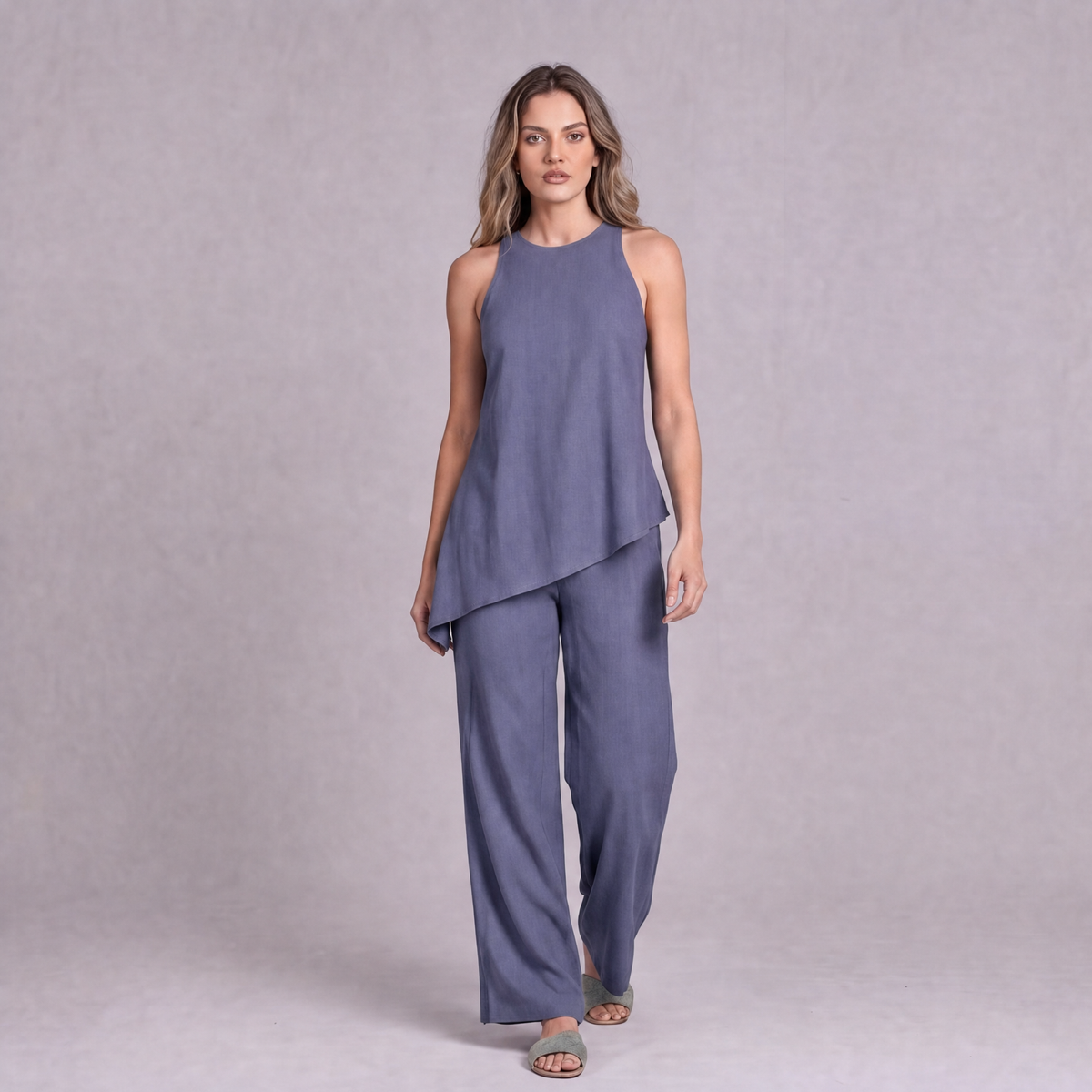 Linen Asymmetric Top & Wide Leg Trouser Co-ord Set in Slate Periwinkle Blue - OEKO-TEX certified pure linen