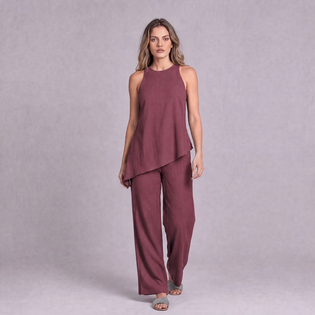 Linen Asymmetric Top & Wide Leg Trouser Co-ord Set in Garnet - OEKO-TEX certified pure linen