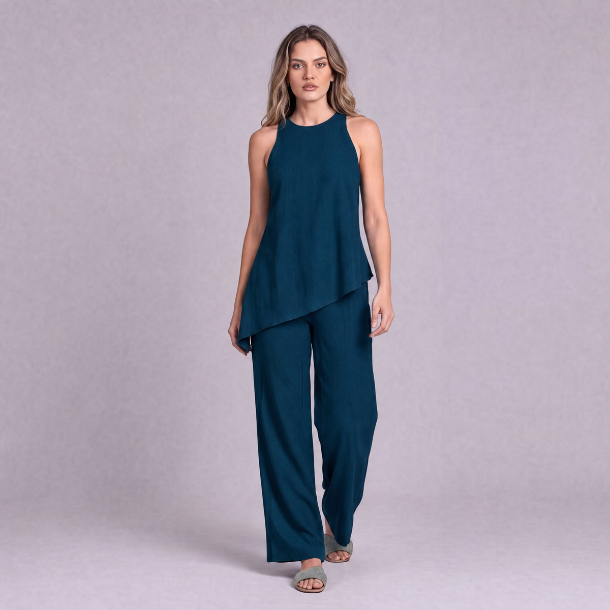 Linen Asymmetric Top & Wide Leg Trouser Co-ord Set in Blue Teal - OEKO-TEX certified pure linen