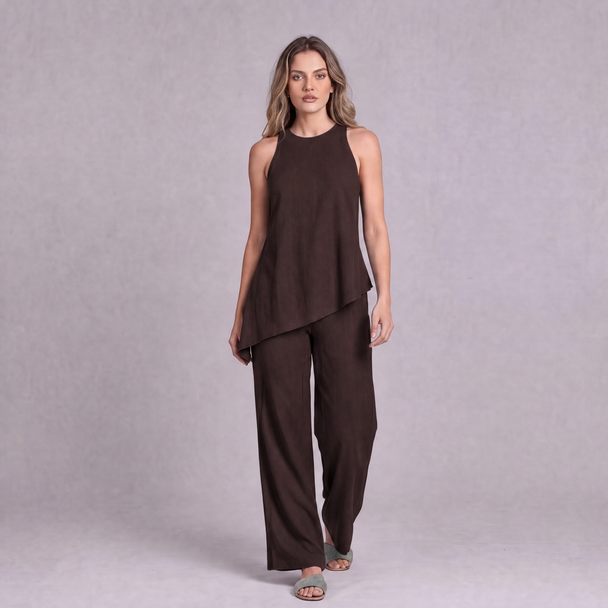 Linen Asymmetric Top & Wide Leg Trouser Co-ord Set in Chocolate Brown - OEKO-TEX certified pure linen