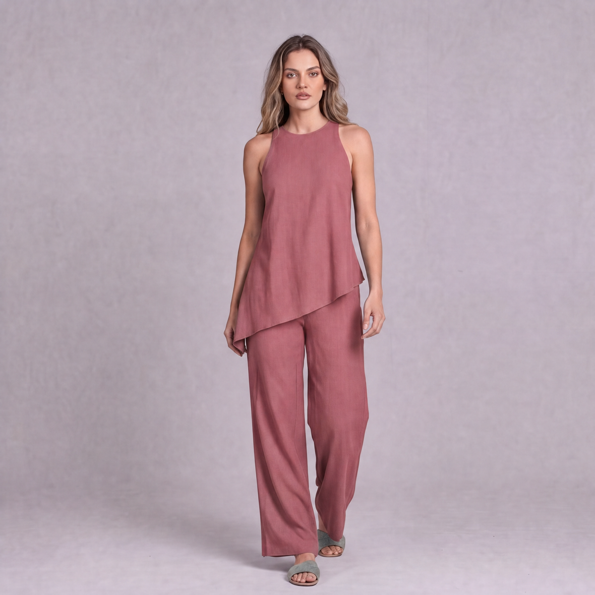 Linen Asymmetric Top & Wide Leg Trouser Co-ord Set in Dusty Rose - OEKO-TEX certified pure linen