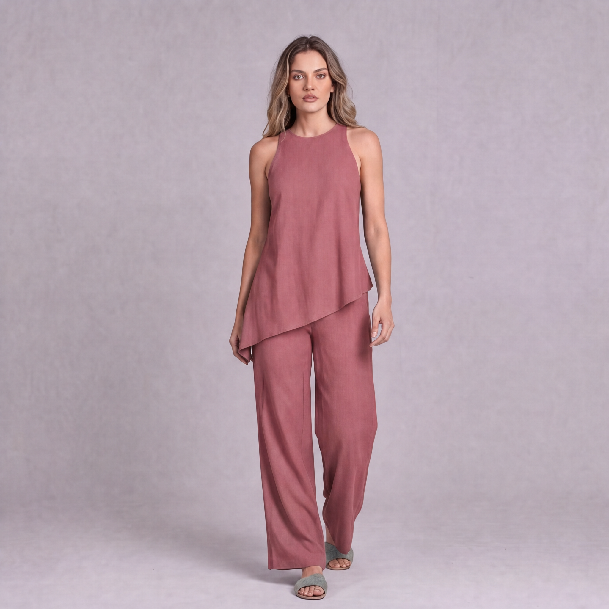 Linen Asymmetric Top & Wide Leg Trouser Co-ord Set in Dusty Rose - OEKO-TEX certified pure linen