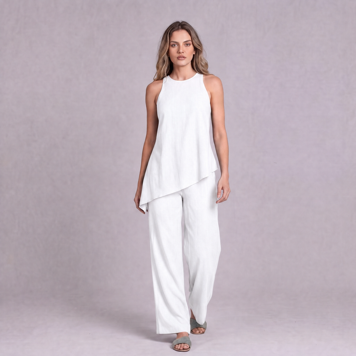 Linen Asymmetric Top & Wide Leg Trouser Co-ord Set in White - OEKO-TEX certified pure linen