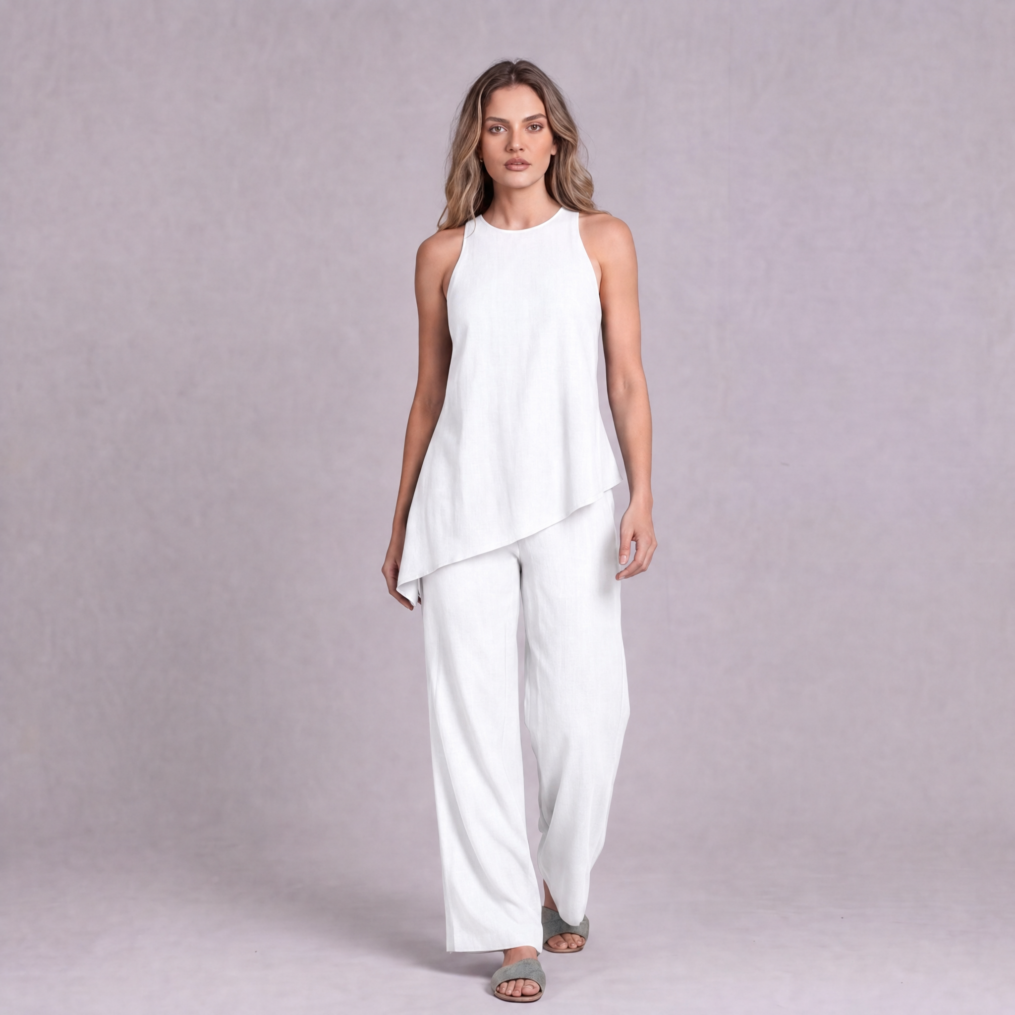 Linen Asymmetric Top & Wide Leg Trouser Co-ord Set in White - OEKO-TEX certified pure linen