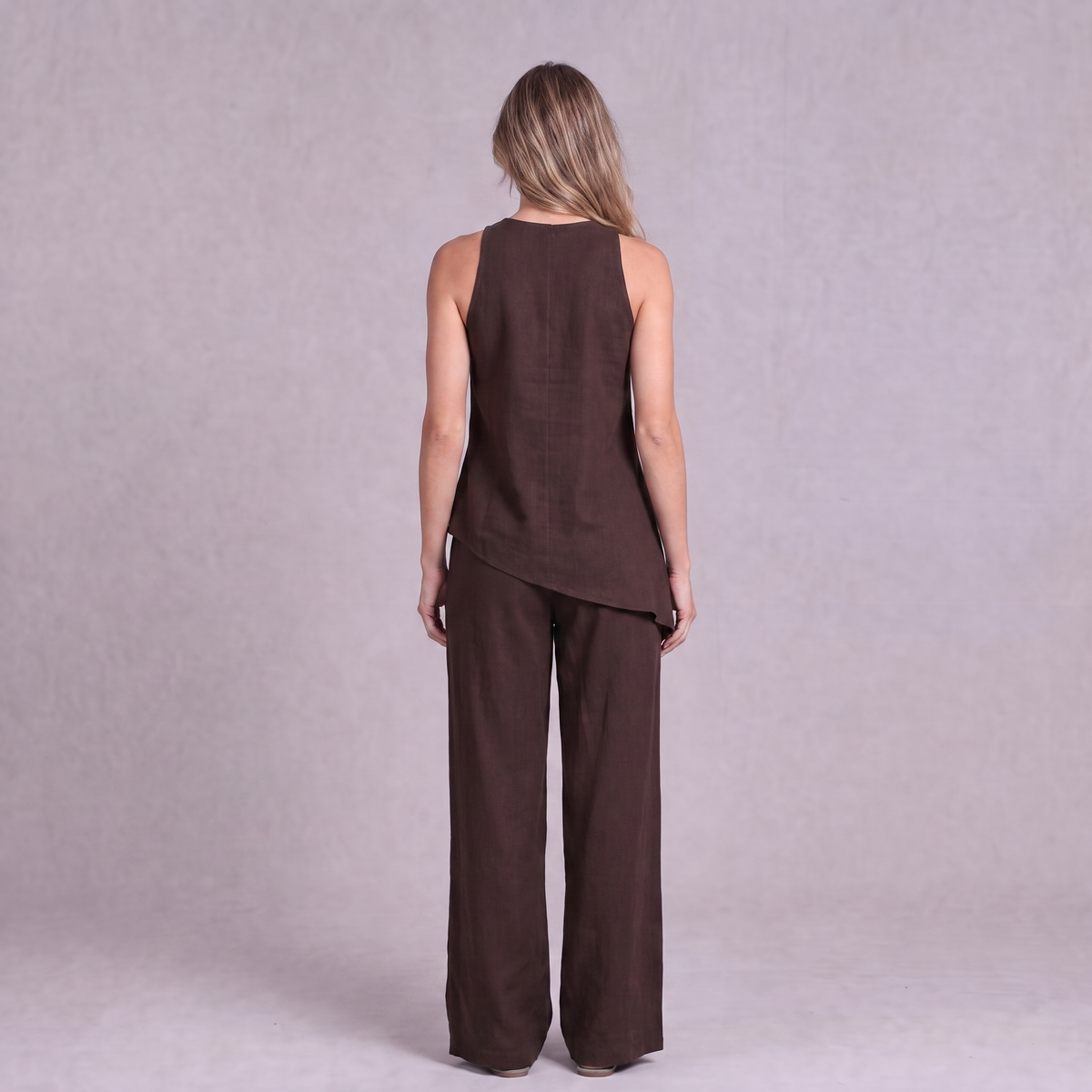 Linen Asymmetric Top & Wide Leg Trouser Co-ord Set in Chocolate Brown - OEKO-TEX certified pure linen, back view