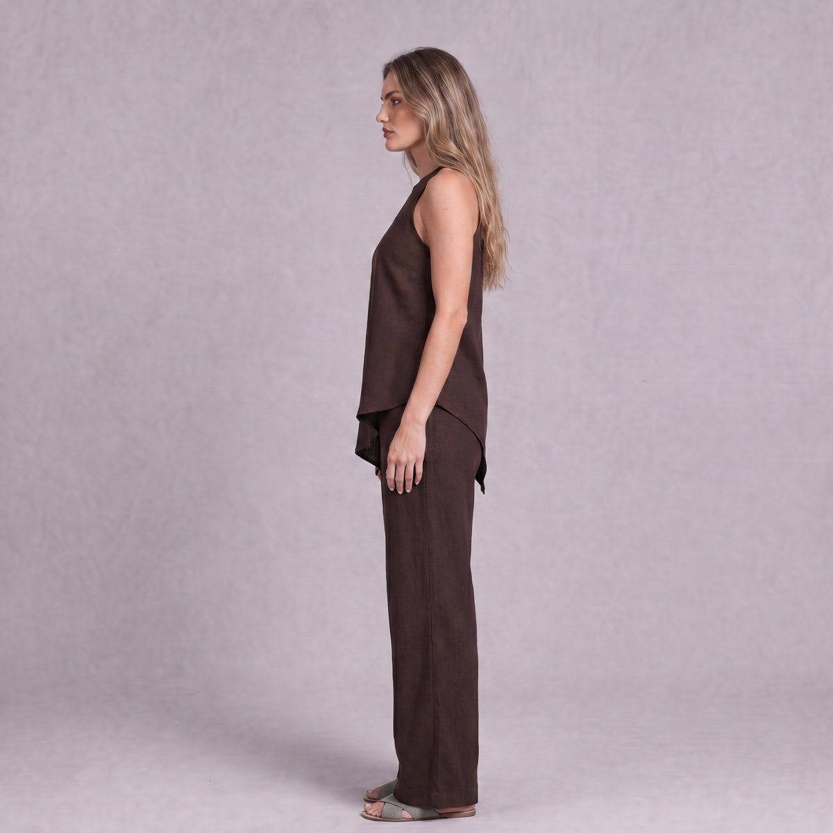 Linen Asymmetric Top & Wide Leg Trouser Co-ord Set in Chocolate Brown - OEKO-TEX certified pure linen, side view