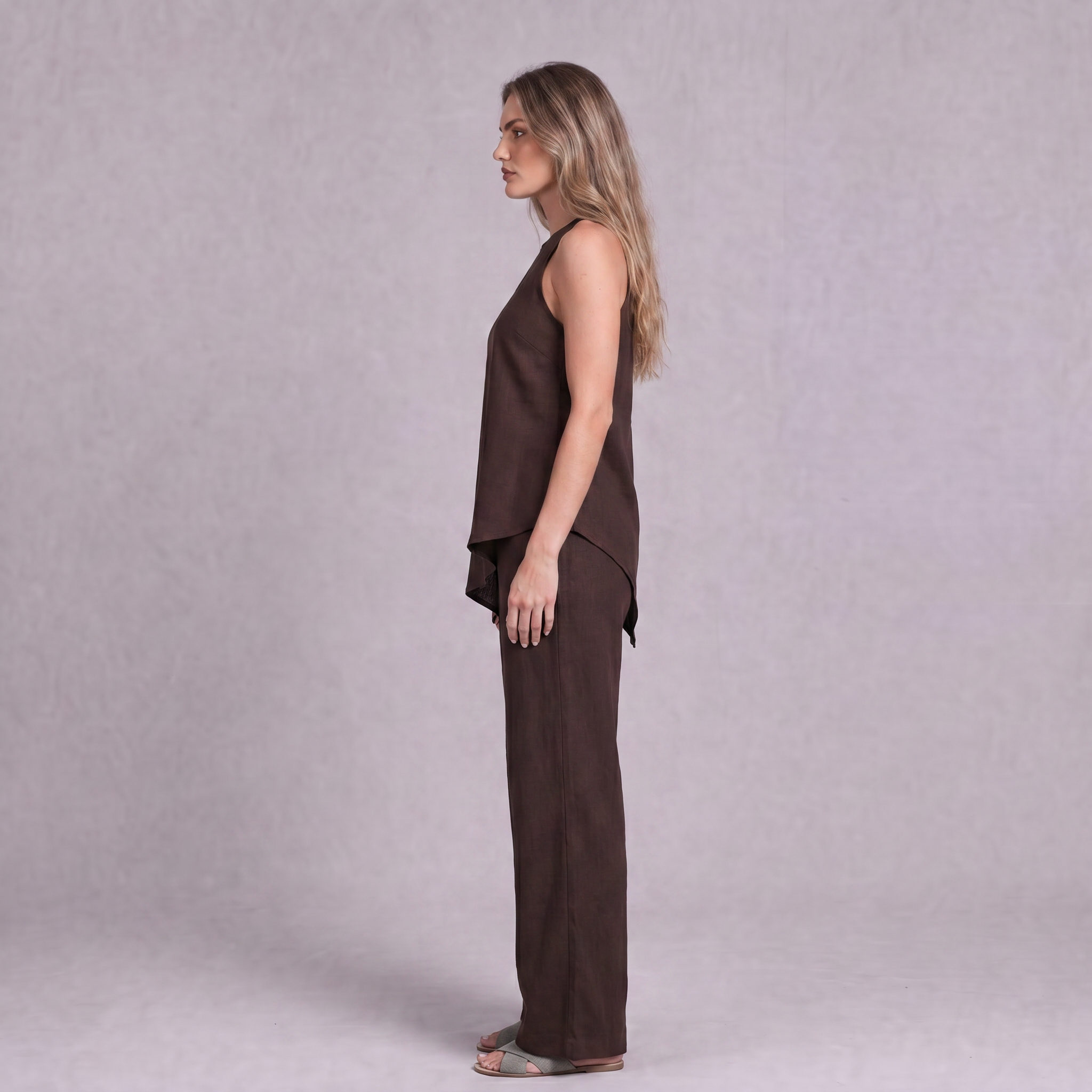 Linen Asymmetric Top & Wide Leg Trouser Co-ord Set in Chocolate Brown - OEKO-TEX certified pure linen, side view