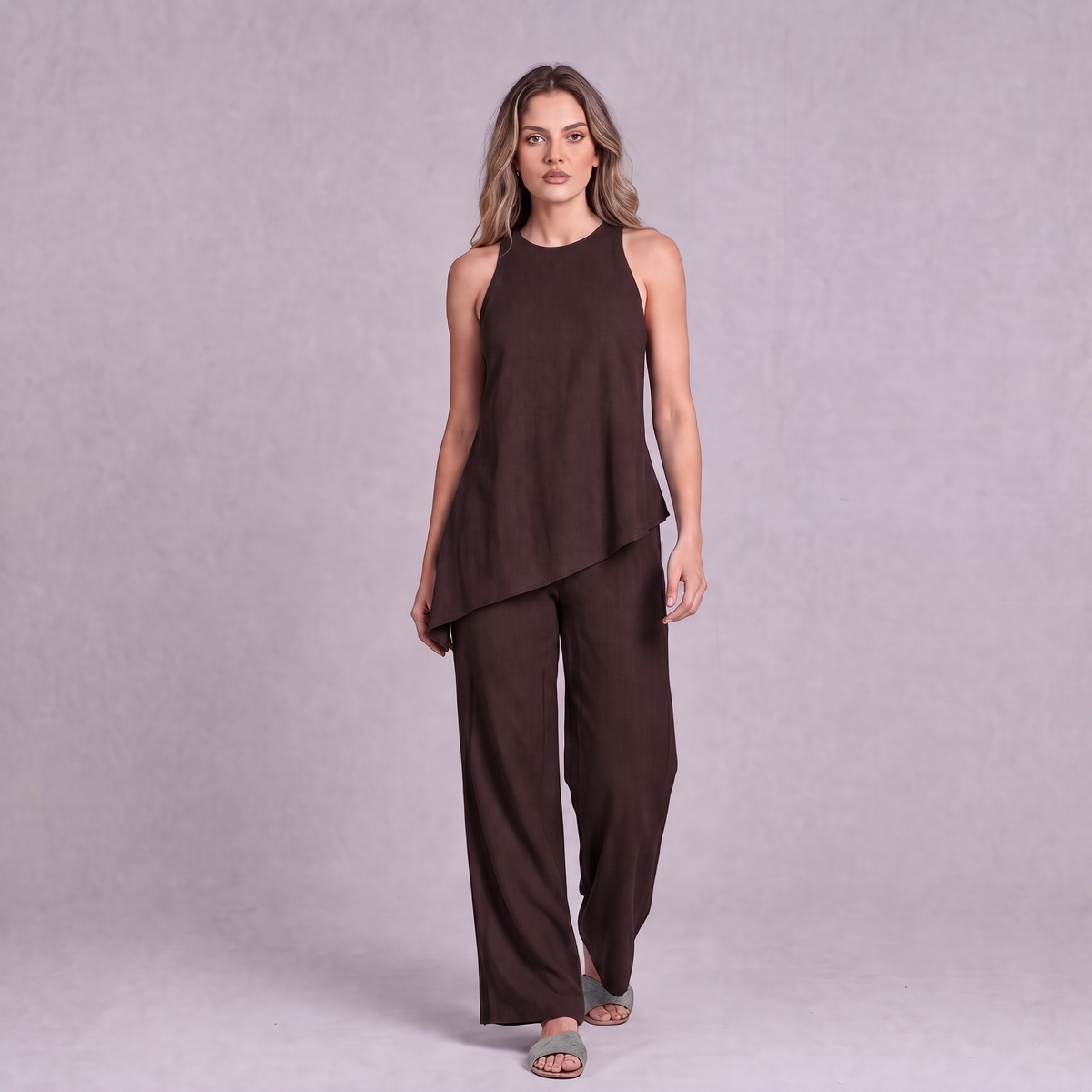 Linen Asymmetric Top & Wide Leg Trouser Co-ord Set in Chocolate Brown - OEKO-TEX certified pure linen, front view