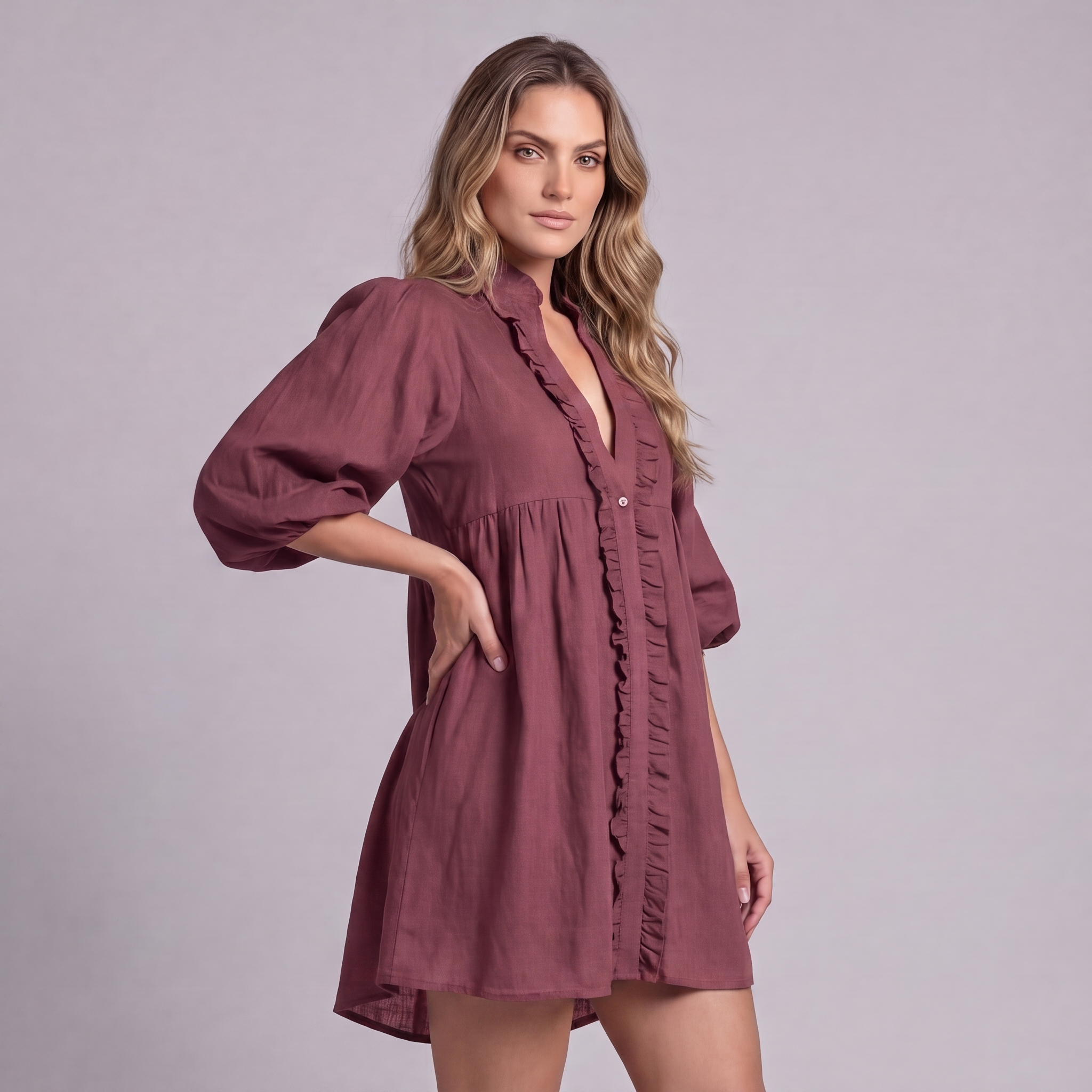 Linen Ruffle Front Mini Dress in Garnet - OEKO-TEX certified pure linen