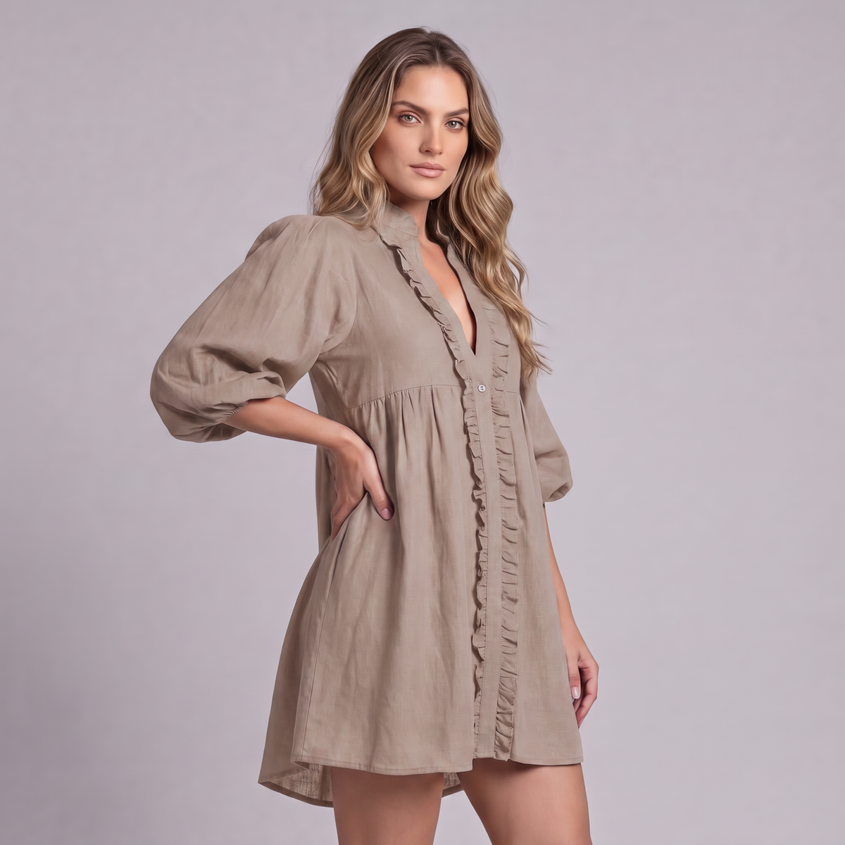 Linen Ruffle Front Mini Dress in Natural - OEKO-TEX certified pure linen