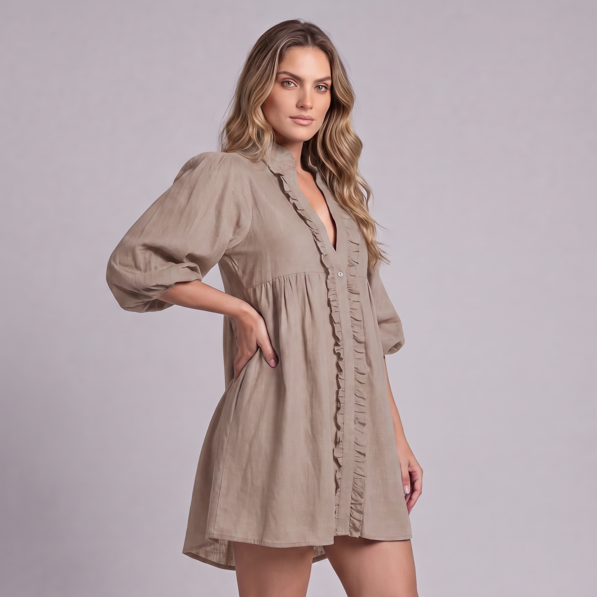 Linen Ruffle Front Mini Dress in Natural - OEKO-TEX certified pure linen