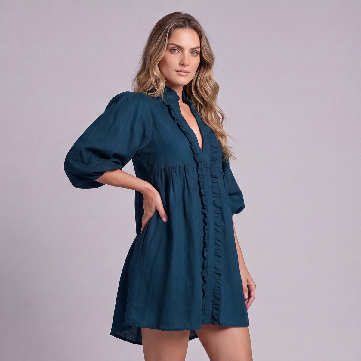 Linen Ruffle Front Mini Dress in Blue Teal - OEKO-TEX certified pure linen