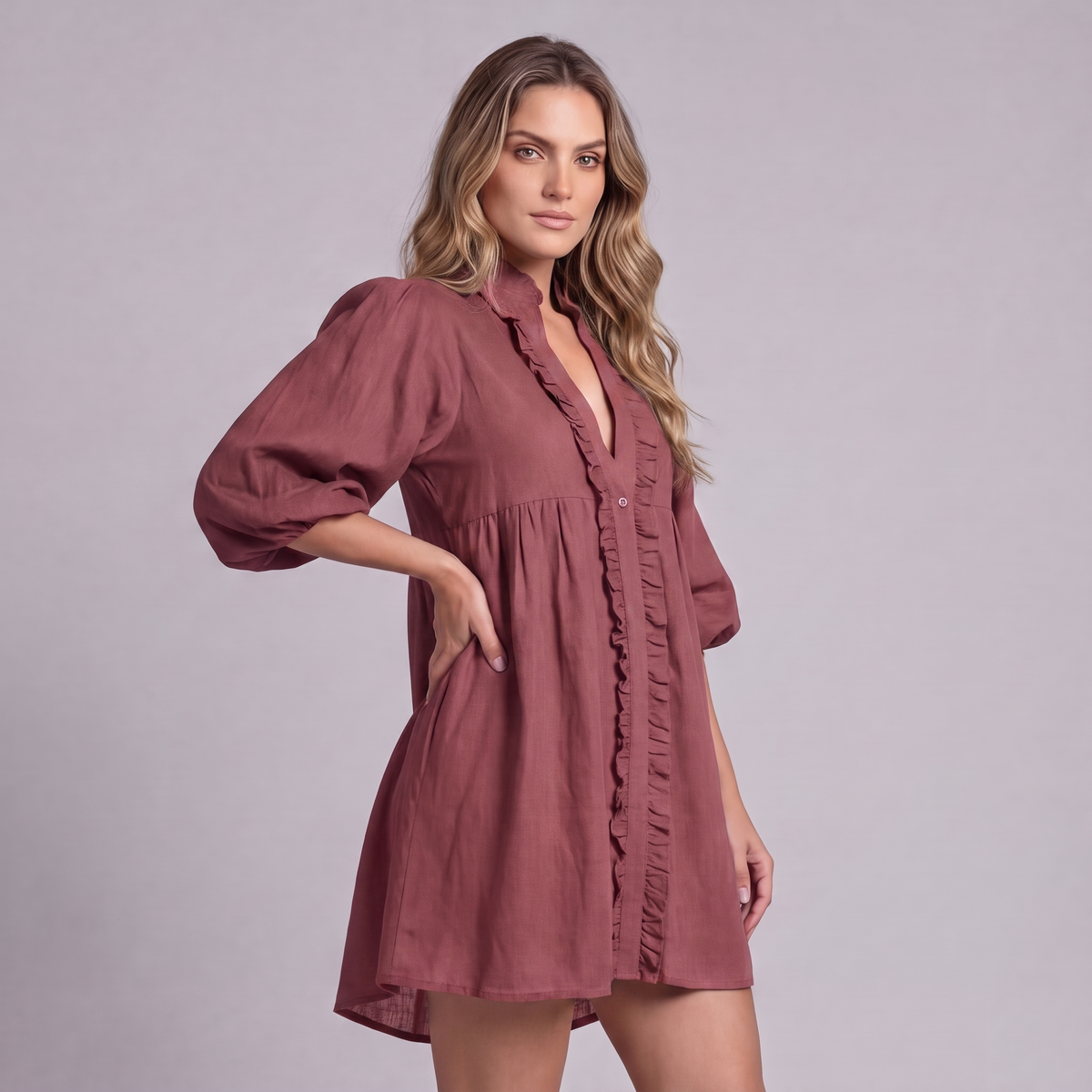 Linen Ruffle Front Mini Dress in Dusty Rose - OEKO-TEX certified pure linen