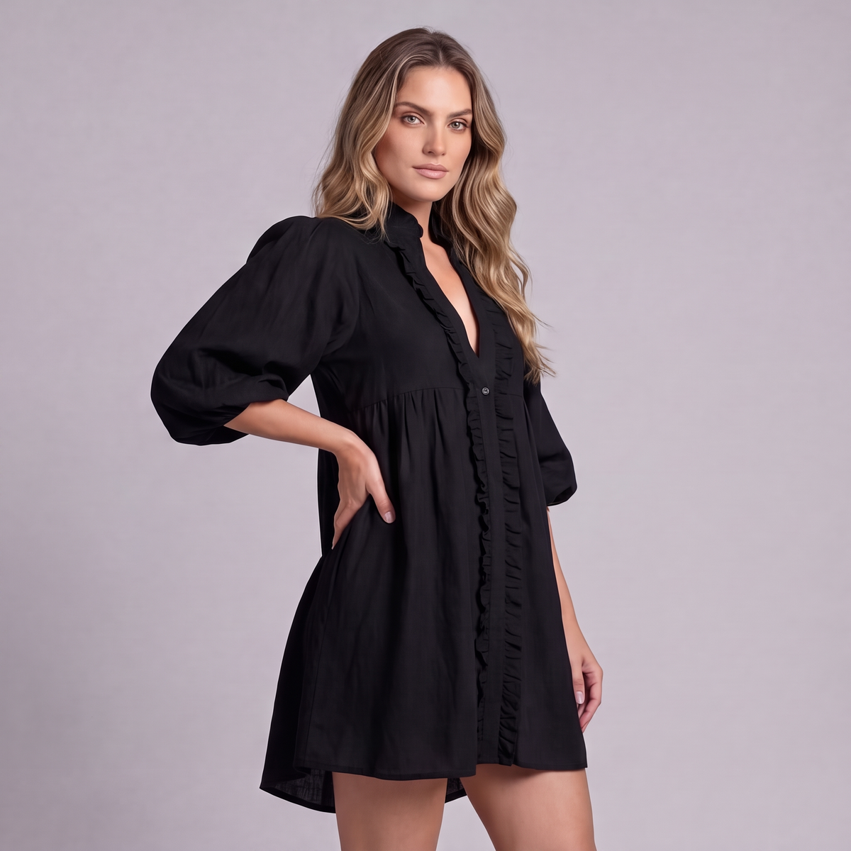 Linen Ruffle Front Mini Dress in Black - OEKO-TEX certified pure linen