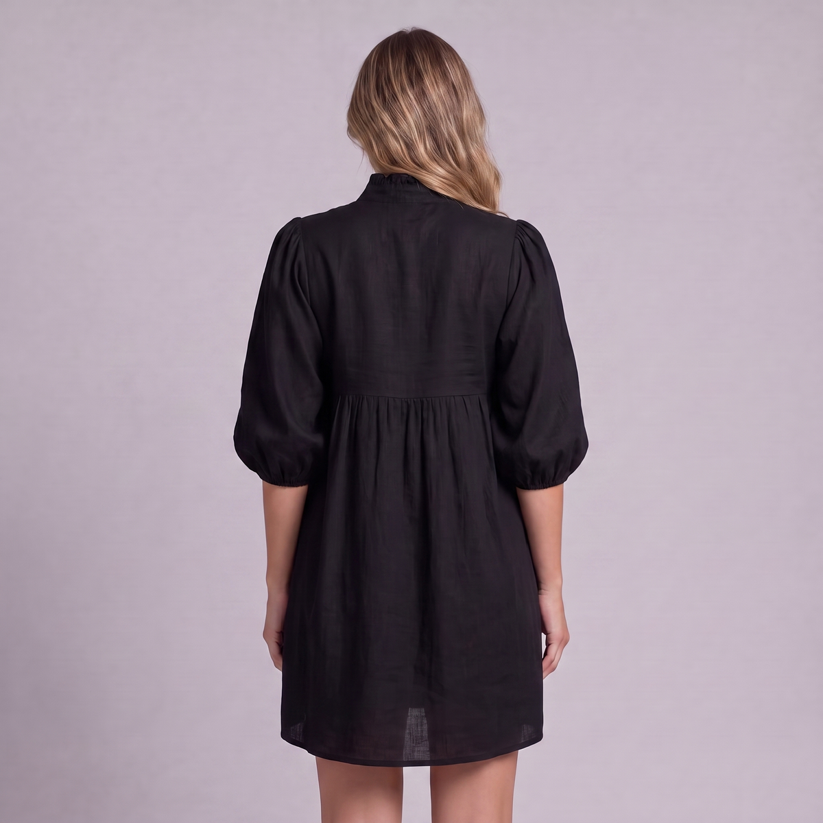 Linen Ruffle Front Mini Dress in Black - OEKO-TEX certified pure linen, back view