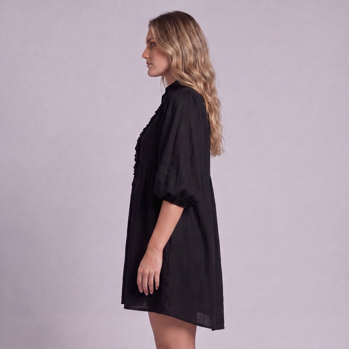 Linen Ruffle Front Mini Dress in Black - OEKO-TEX certified pure linen, side view