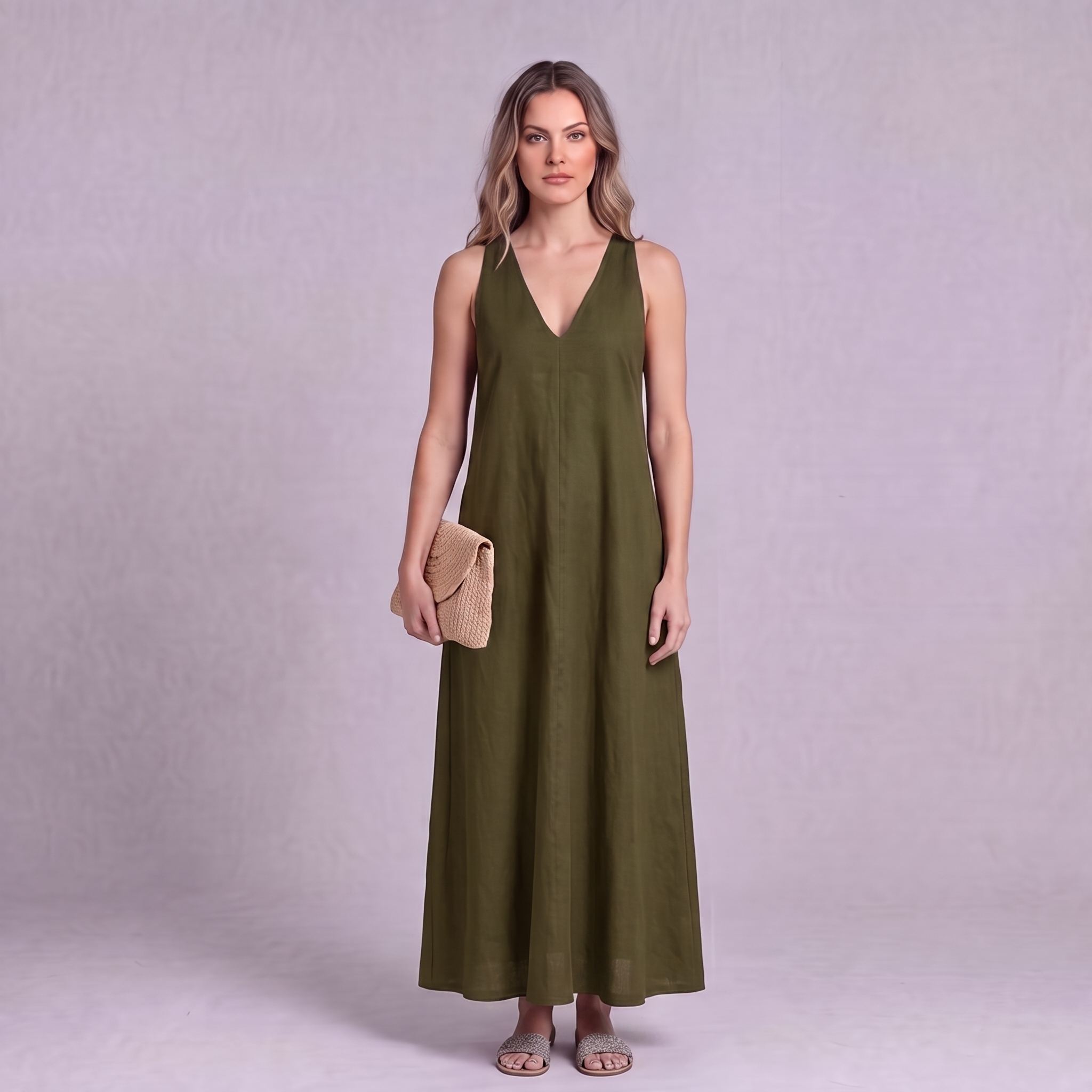 Linen Halter Maxi Dress in Moss Green - OEKO-TEX certified pure linen