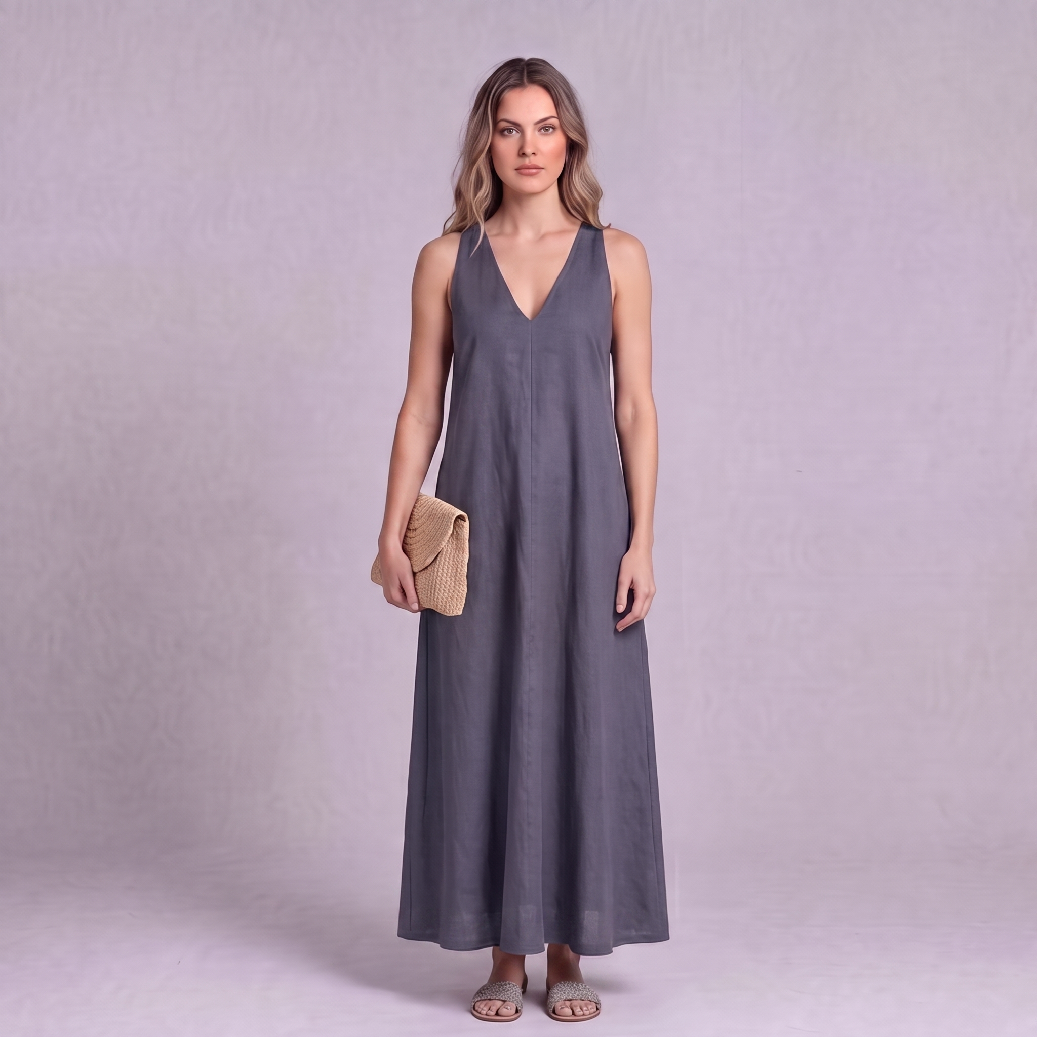 Linen Halter Maxi Dress in Slate Periwinkle Blue - OEKO-TEX certified pure linen
