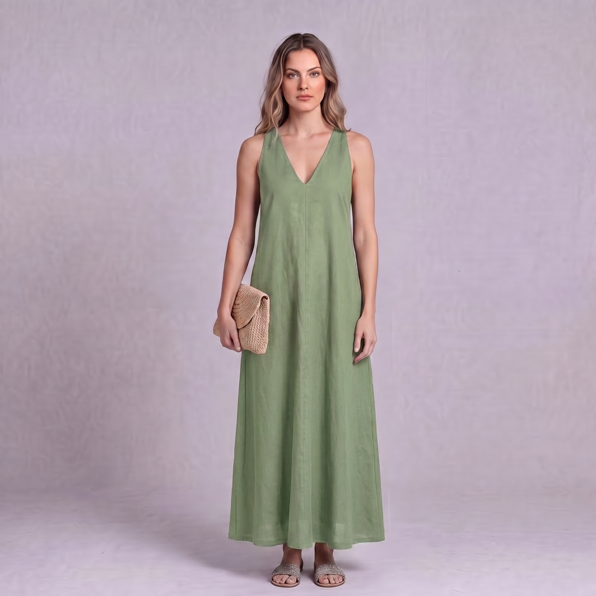 Linen Halter Maxi Dress in Sage Green - OEKO-TEX certified pure linen