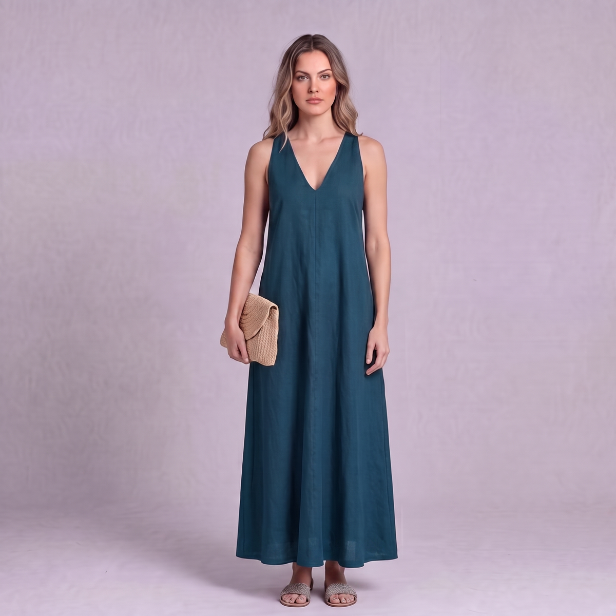 Linen Halter Maxi Dress in Blue Teal - OEKO-TEX certified pure linen