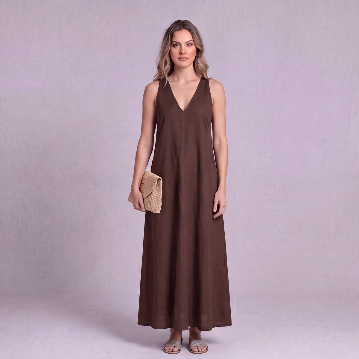 Linen Halter Maxi Dress in Chocolate Brown - OEKO-TEX certified pure linen