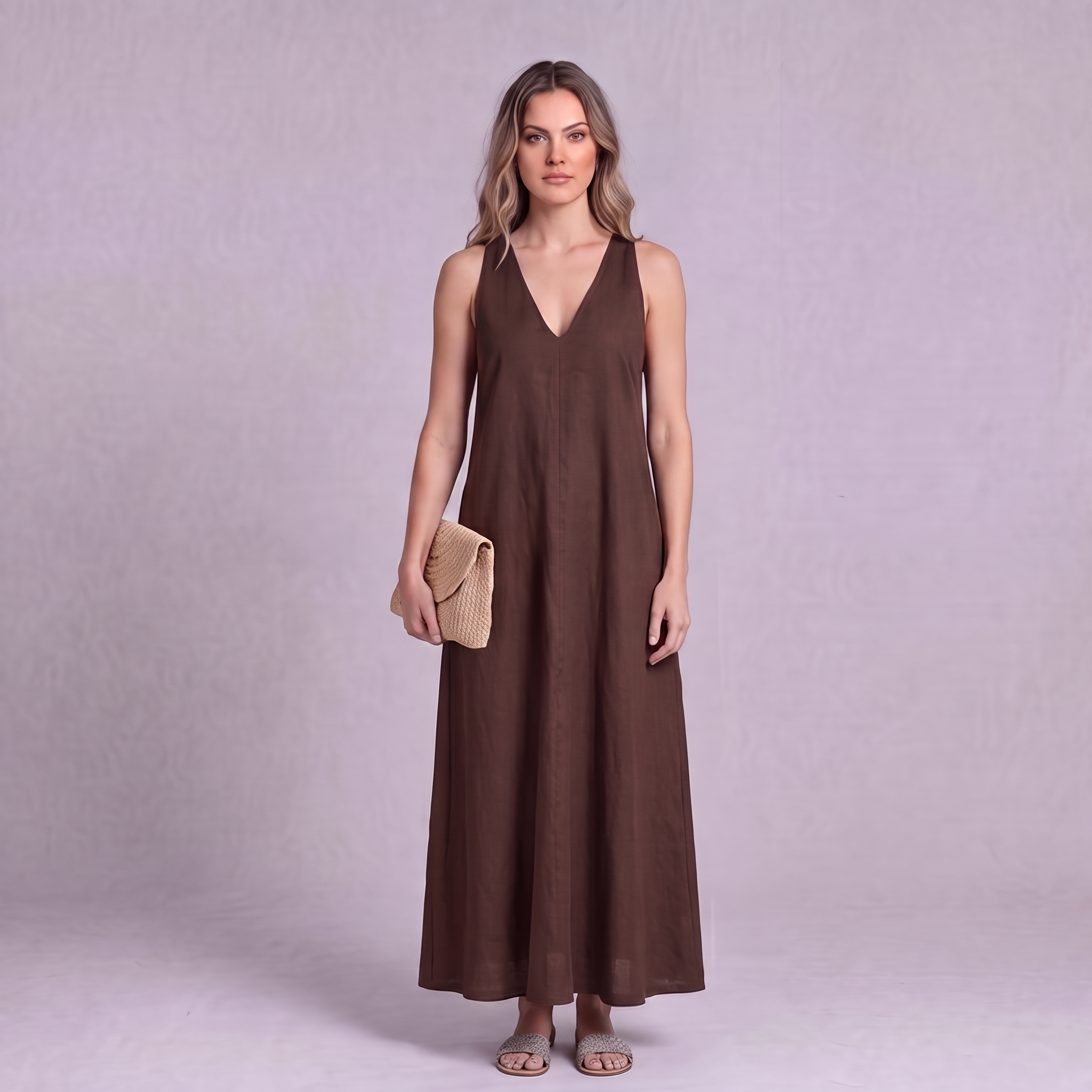 Linen Halter Maxi Dress in Chocolate Brown - OEKO-TEX certified pure linen