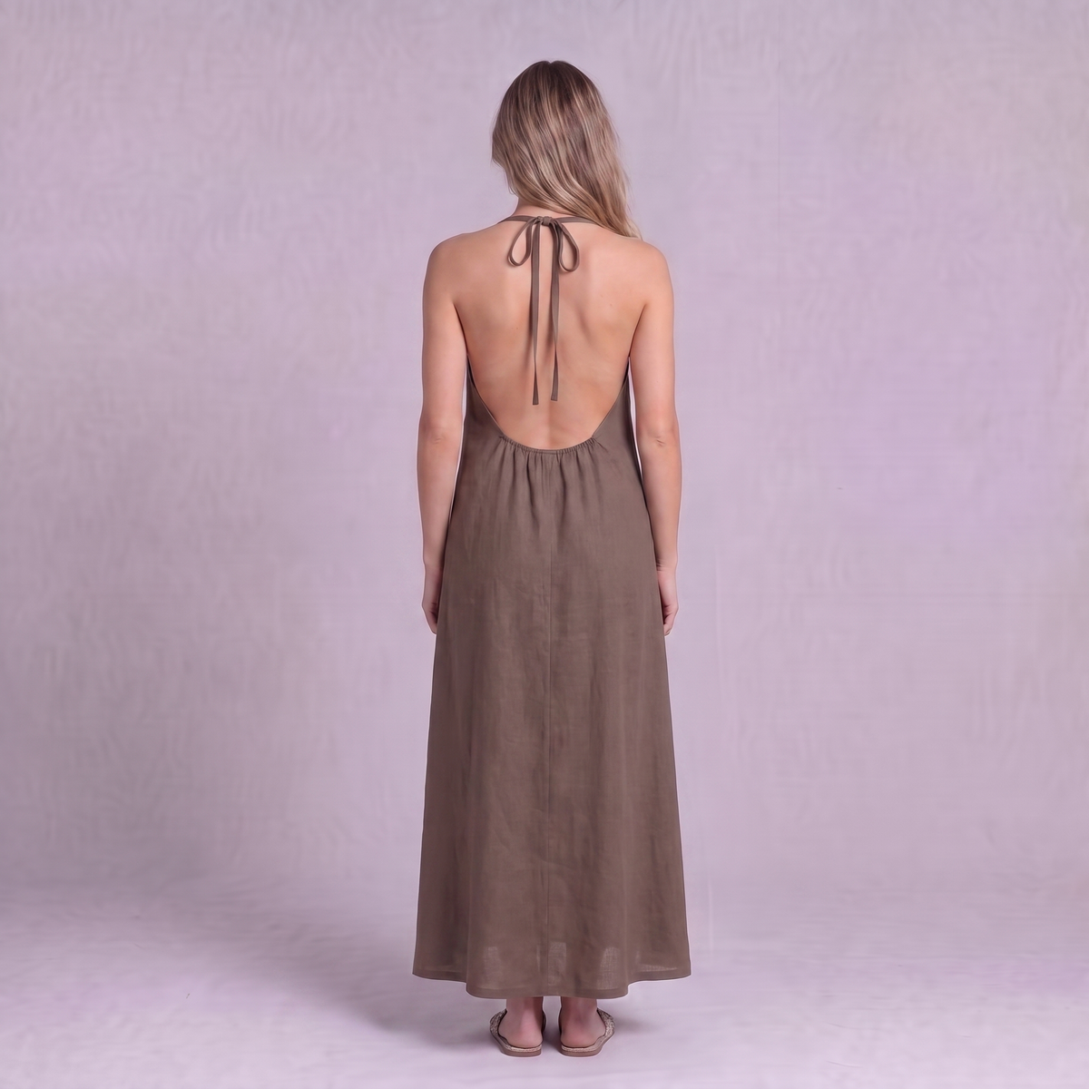 Linen Halter Maxi Dress in Burntwood - OEKO-TEX certified pure linen, back view